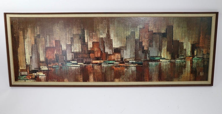 Groovy 1970s New York City skyline turner print of painting by Maio. Very fine original, clean and ready to hang condition. Large and impressive scale, cool decorative addition to your pad.