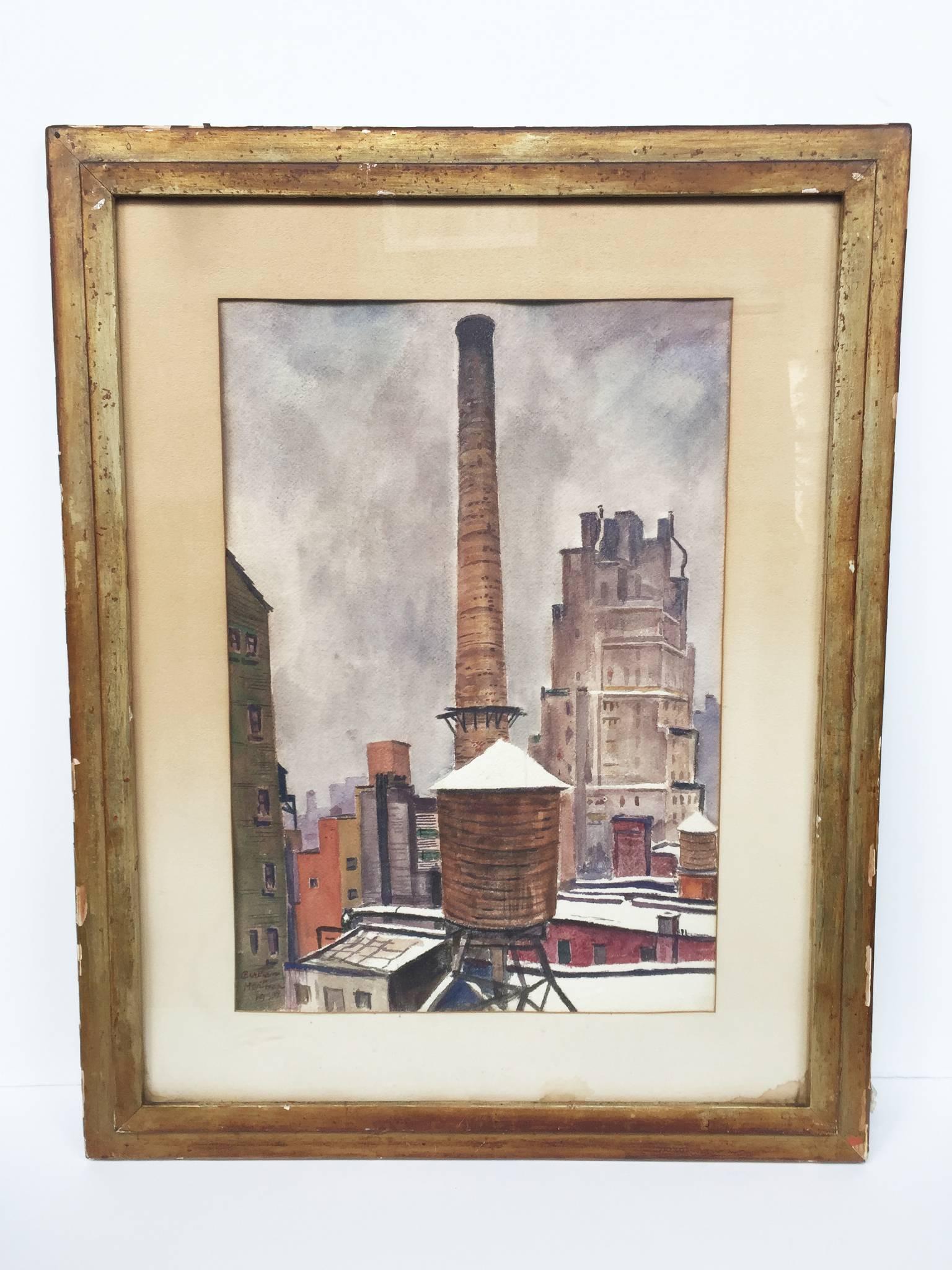 This watercolor cityscape was created by the Kansas-born American modernist, Bertram Hartman (1882-1960). He studied art at the Art Institute of Chicago and, like many of his fellow American artists before him, in Europe. Hartman painted cityscapes