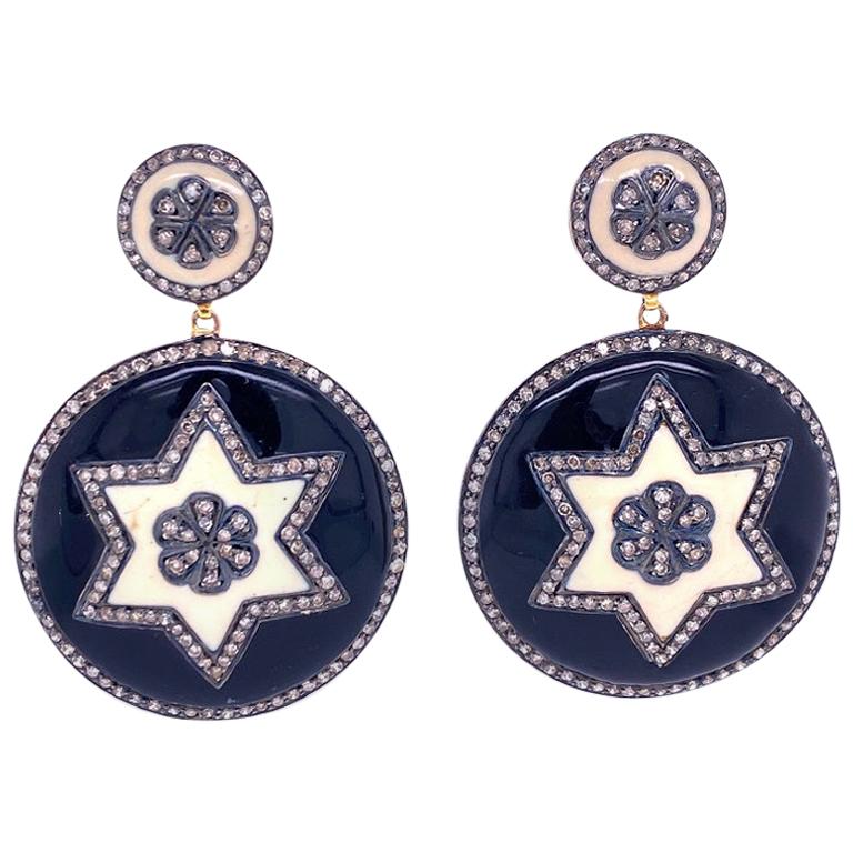 Lucea New York Enamel and Rustic Diamond Star Disc Earrings For Sale