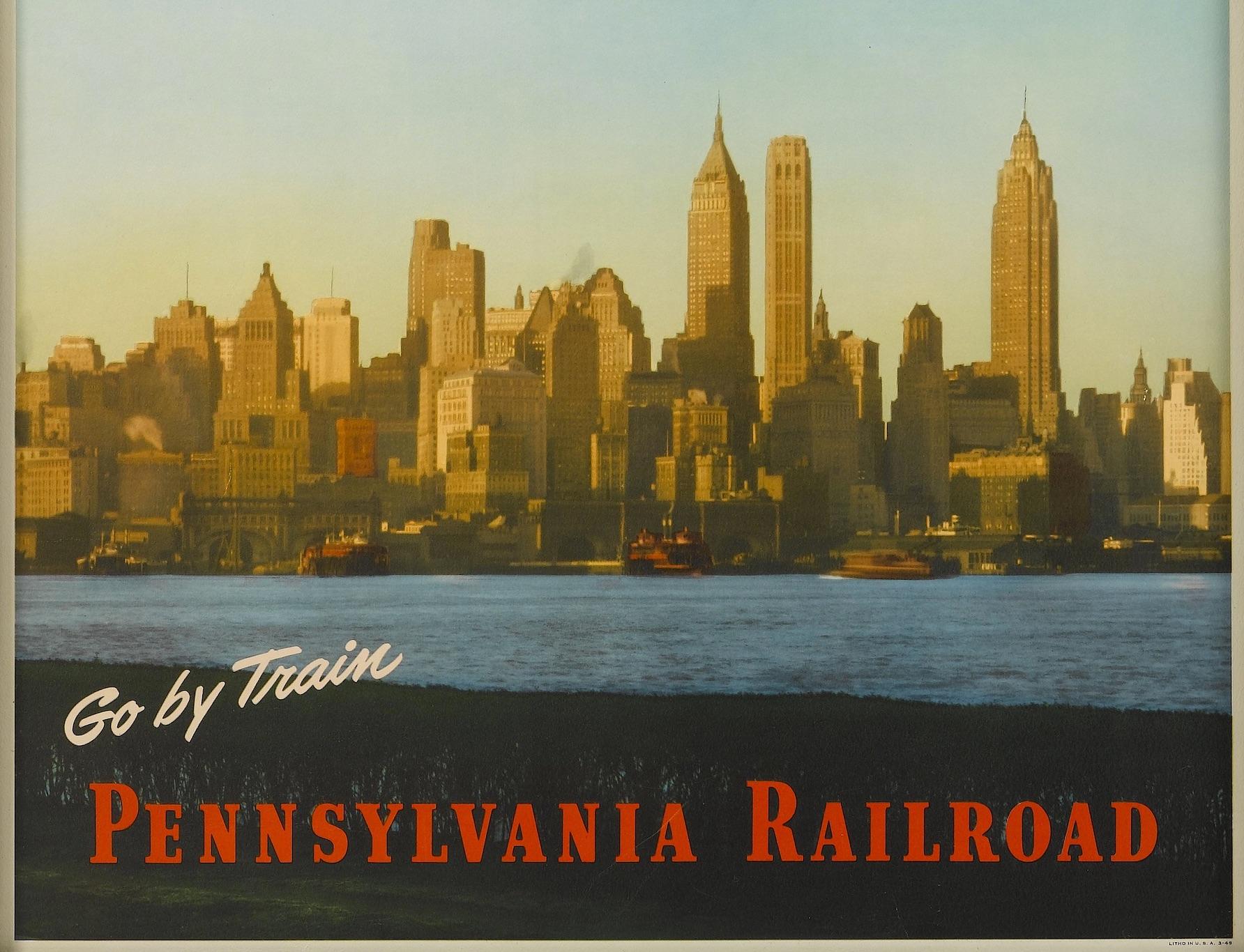 This vintage travel poster was printed for the Pennsylvania Railroad and advertised New York City as one of their alluring travel destinations. 

The Pennsylvania Railroad was founded in 1846. Commonly referred to as the “Pennsy,” the PRR was