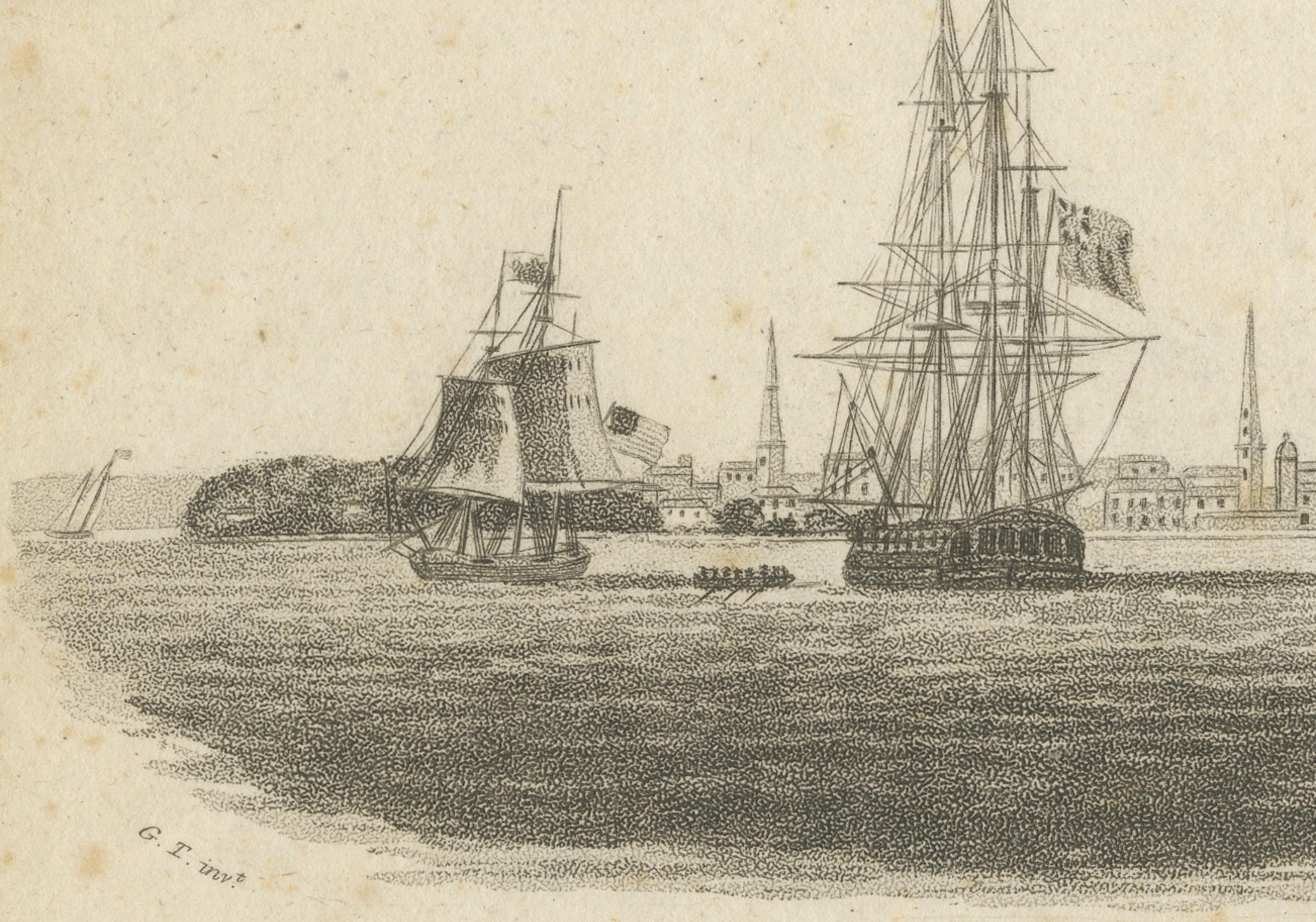 New York Harbor Panorama, sailing ships & city skyline, British engraving, 18050