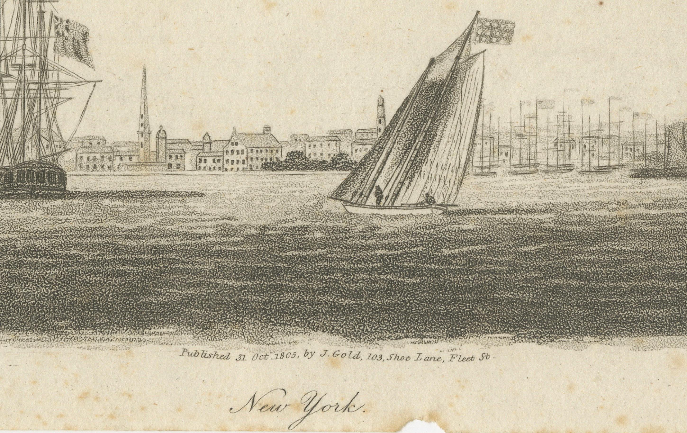 New York Harbor Panorama, sailing ships & city skyline, British engraving, 18050