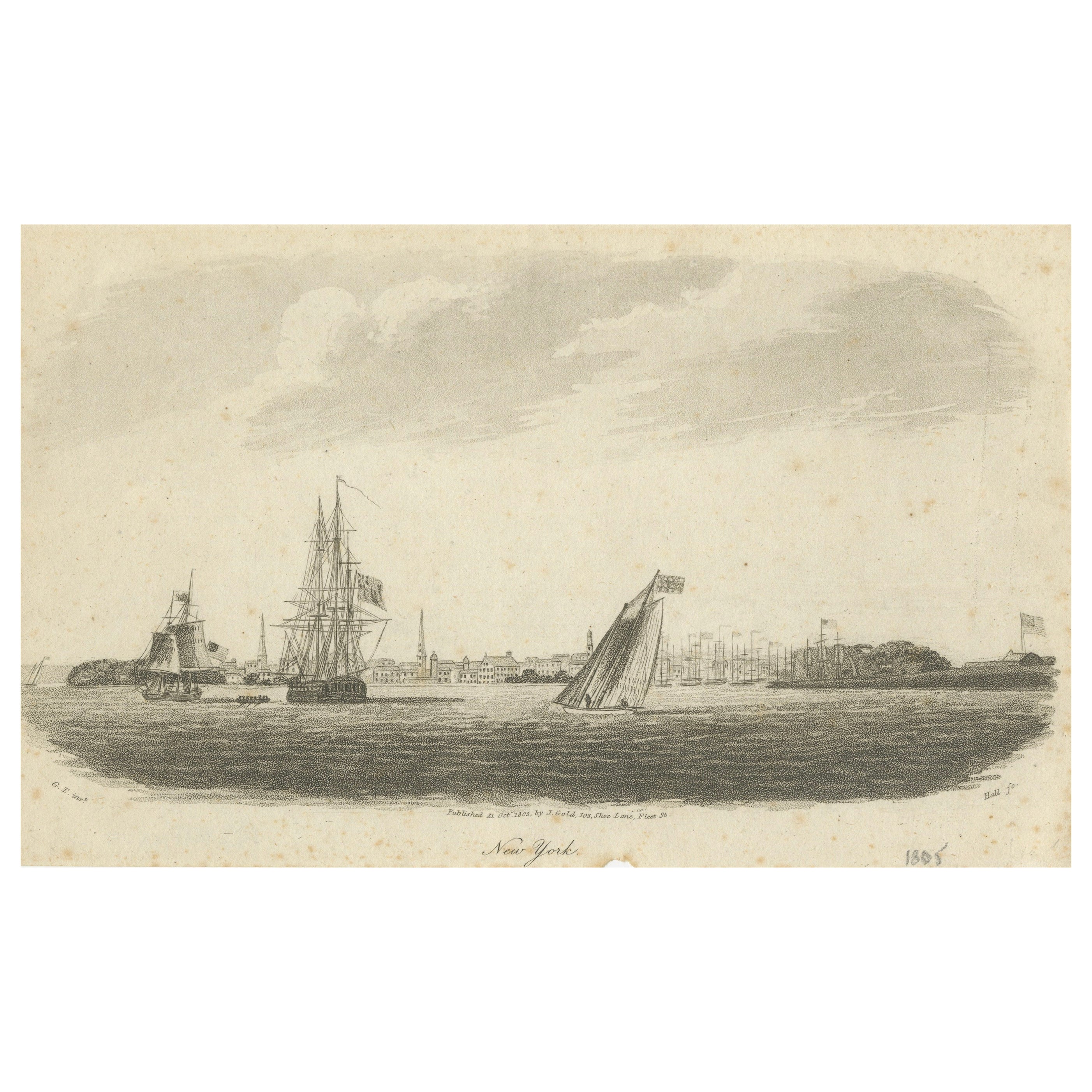 New York Harbor Panorama, Segelschiffe 
Stadtsilhouette, britischer Stich, 18050