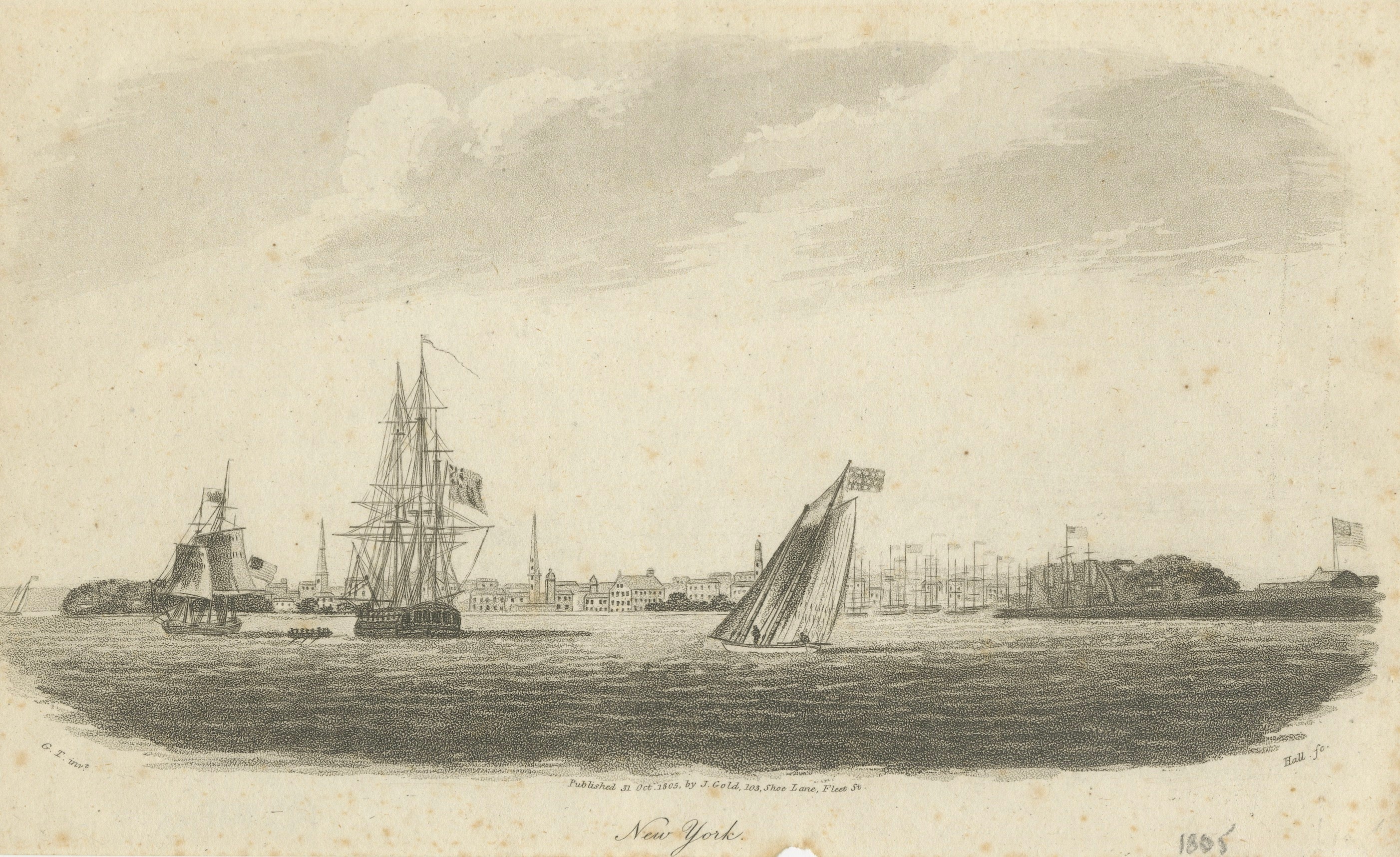 New York Harbor Panorama, sailing ships 
city skyline, British engraving, 18050
