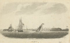 New York Harbor Panorama, sailing ships 
city skyline, British engraving, 18050