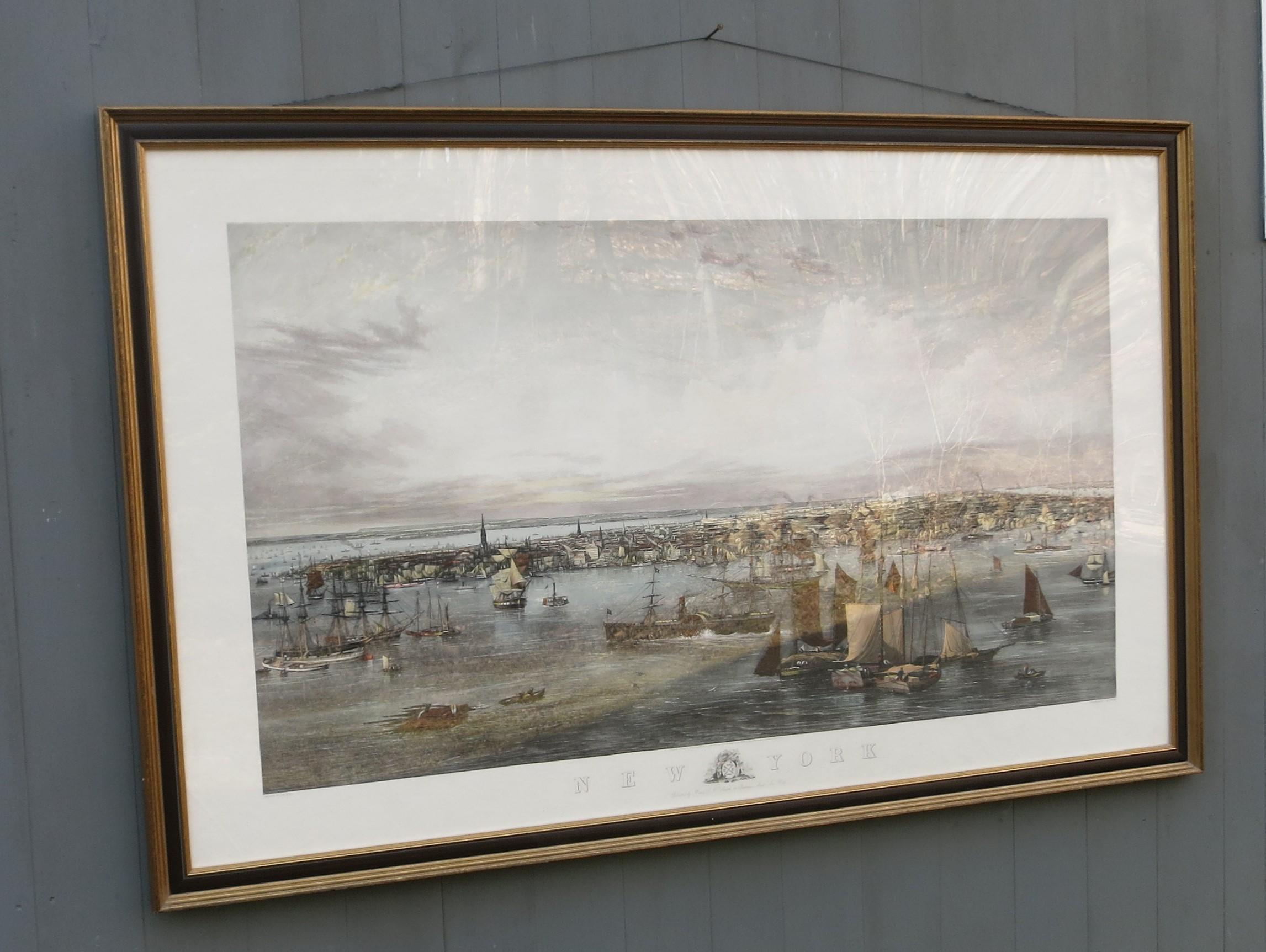 New York Harbor print. Reprint of 19th century painting by JW Hill and engraved by C. Mottram. It is 62