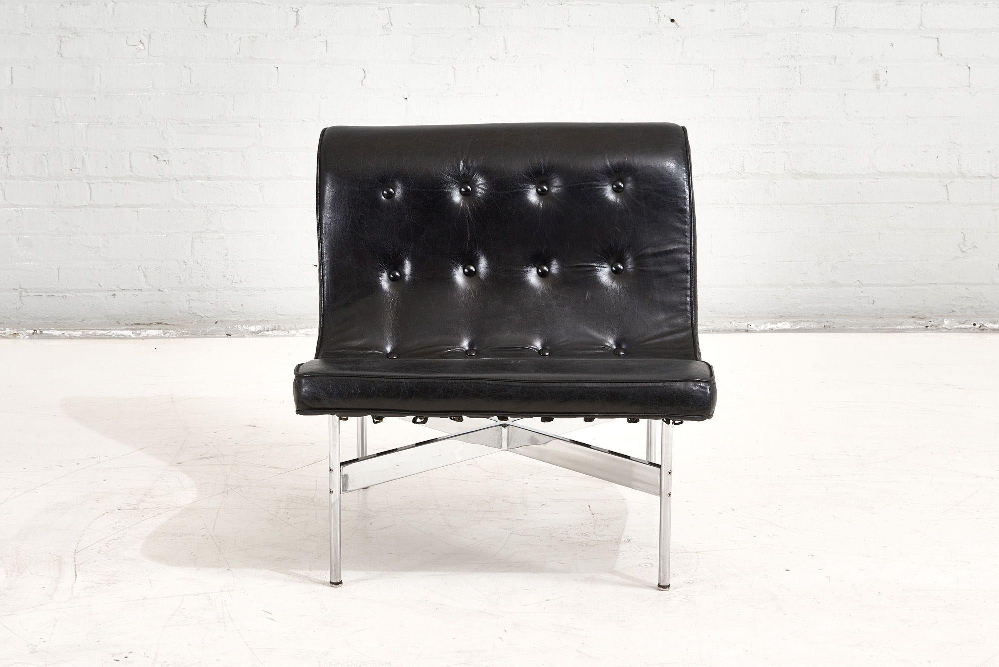 Laverne International “New York” Black Leather and stainless steel Lounge Chair Designed by William Katavolos, Ross Littelll & Douglas Kelley in 1955.