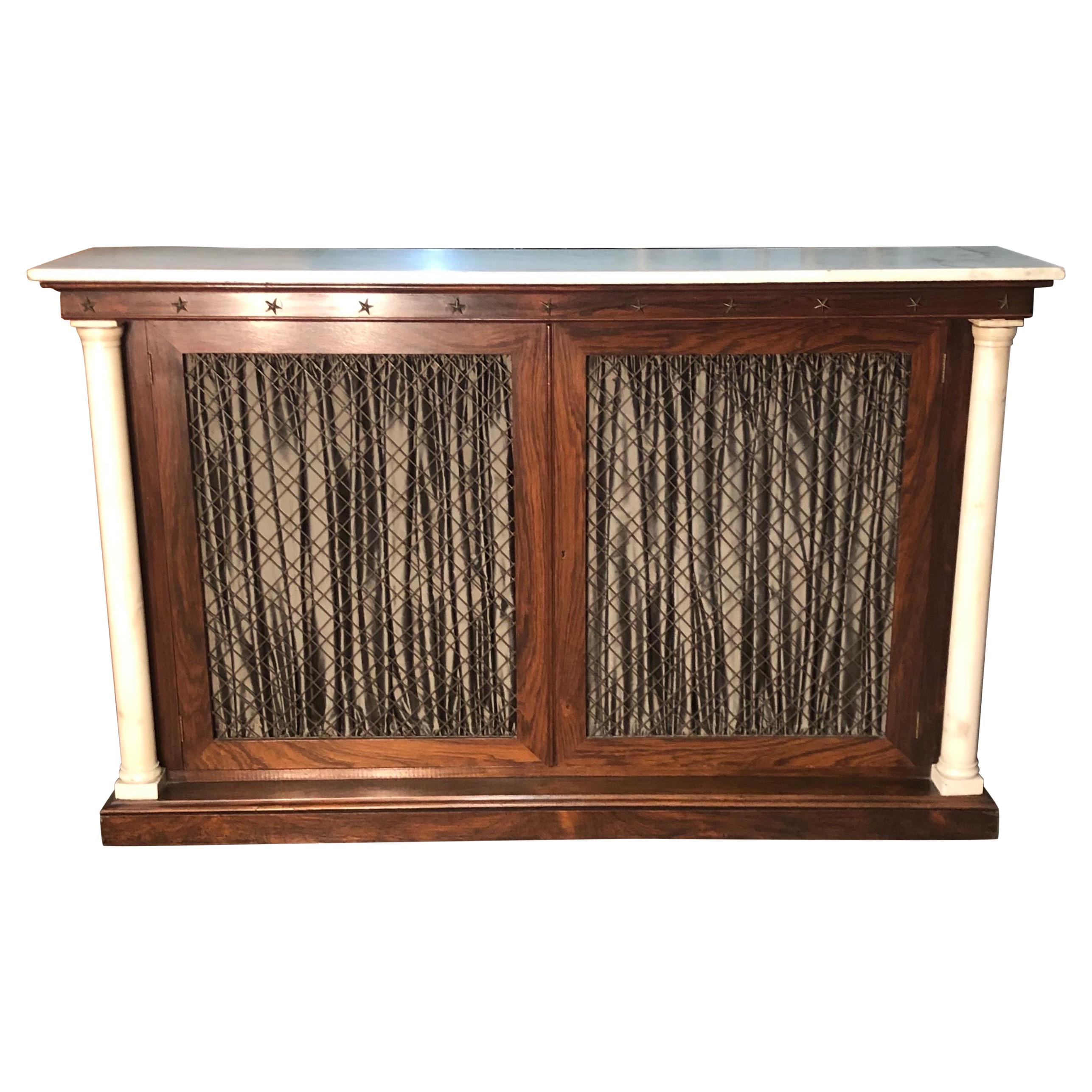 New York Marble Column Rosewood Bookcase / Credenza With Marble Top 19th Century For Sale