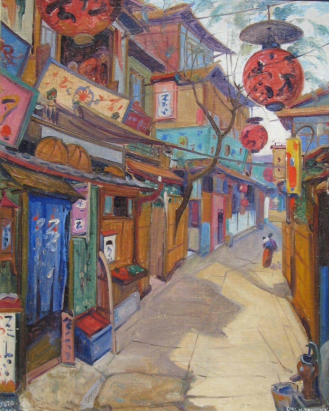 Oil on board by Carl Brandien (1886-1965) - Street in Kyoto with red lanterns. 
Titled on the verso: “Street in Old Kyoto, Japan”
Signed lower right and titled lower left “Kyoto”
Measures: 20