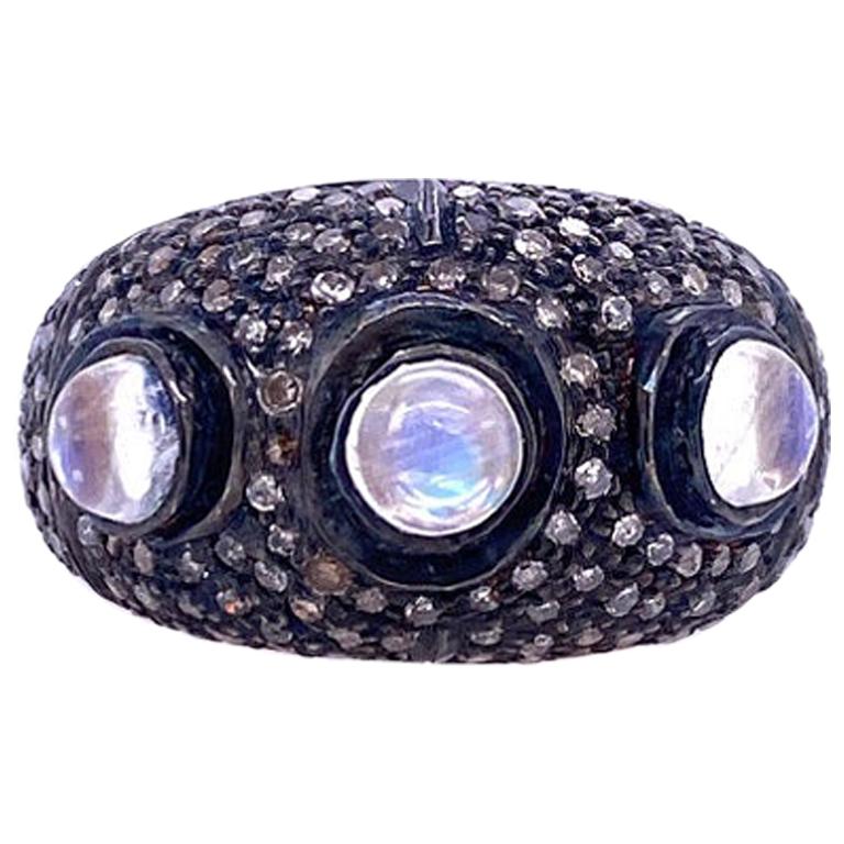 Lucea New York Rainbow Moonstone and Rustic Diamond Cocktail Ring For Sale