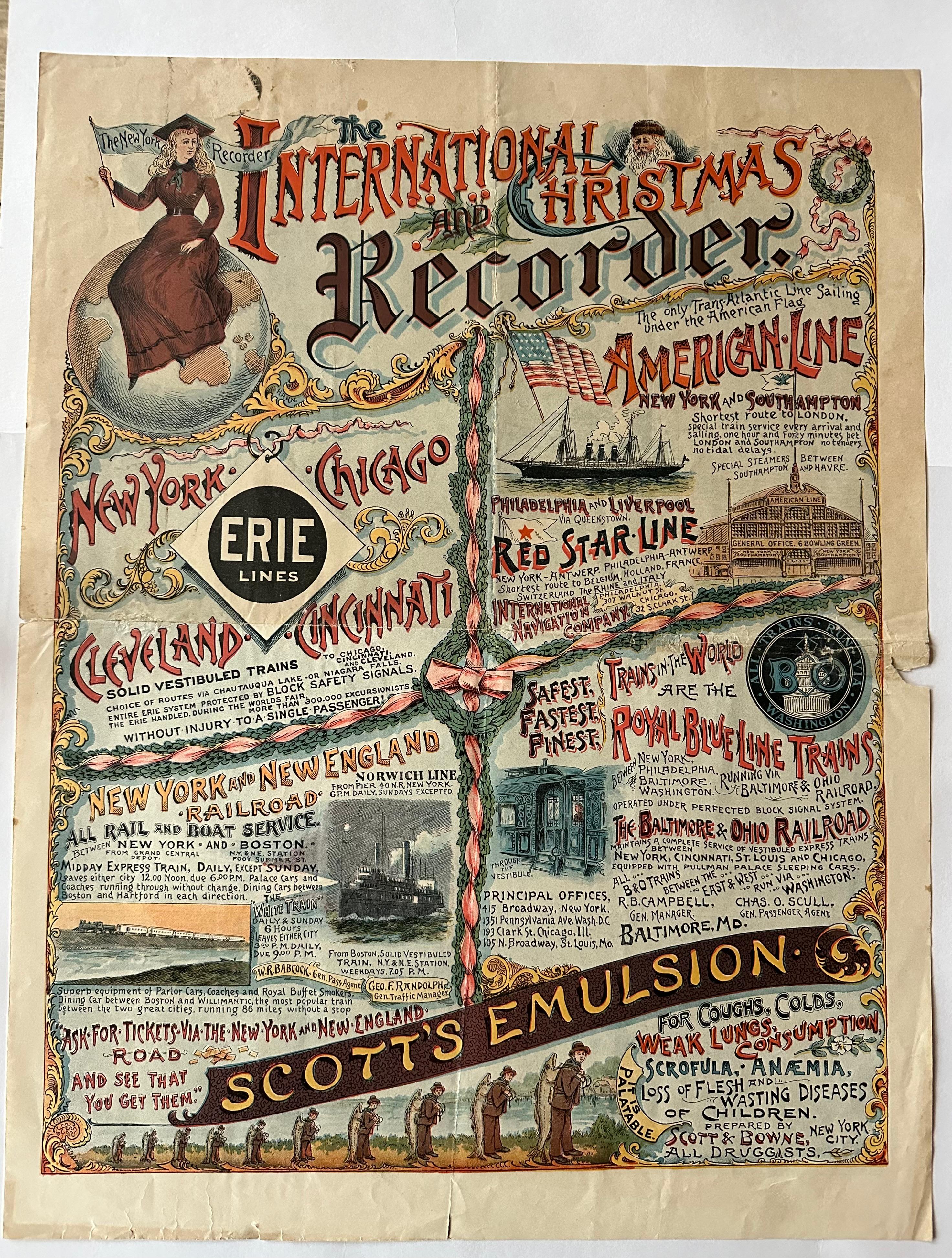 Paper New York Recorder Poster, Christmas Edition, Original Vintage Lithograph, 1893 For Sale