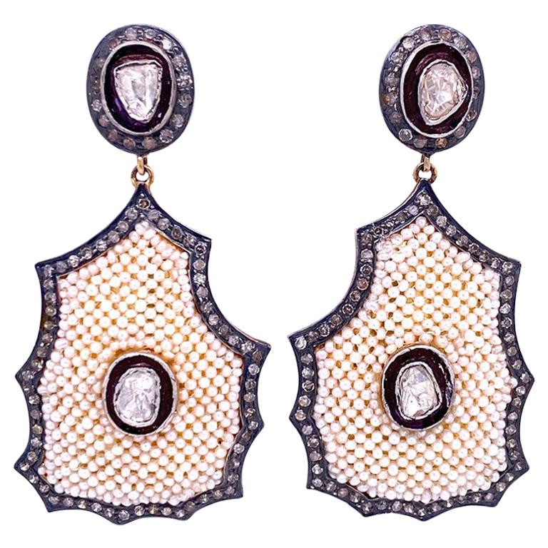 Lucea New York Rustic Diamond and Seed Pearl Chandelier Earrings For Sale