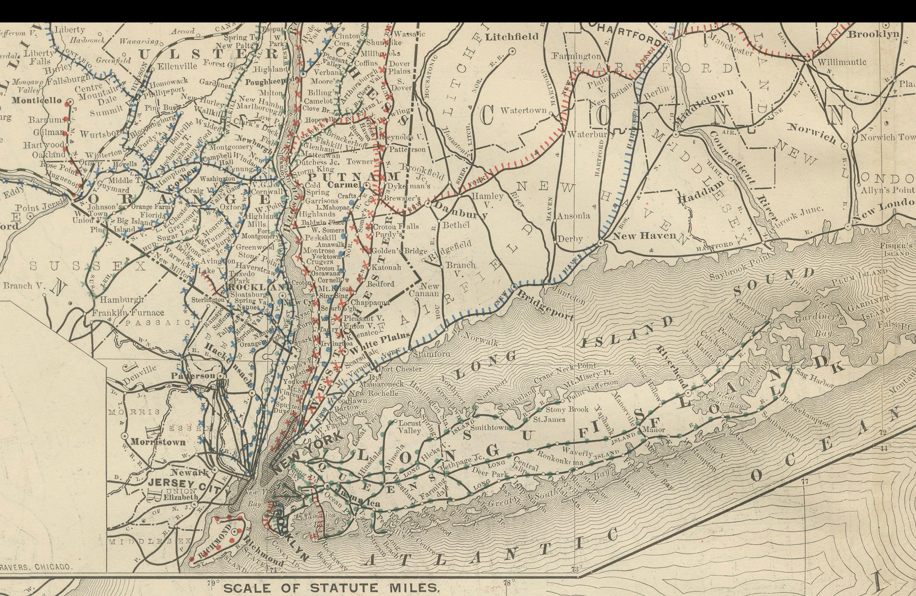 Antike Karte des Staates New York - Rand McNally, ca. 1888

Diese antike Karte des Staates New York wurde von Rand, McNally & Co. um 1888 veröffentlicht. Im Gegensatz zu den Sektionstafeln stellt diese Übersichtskarte den gesamten Bundesstaat auf