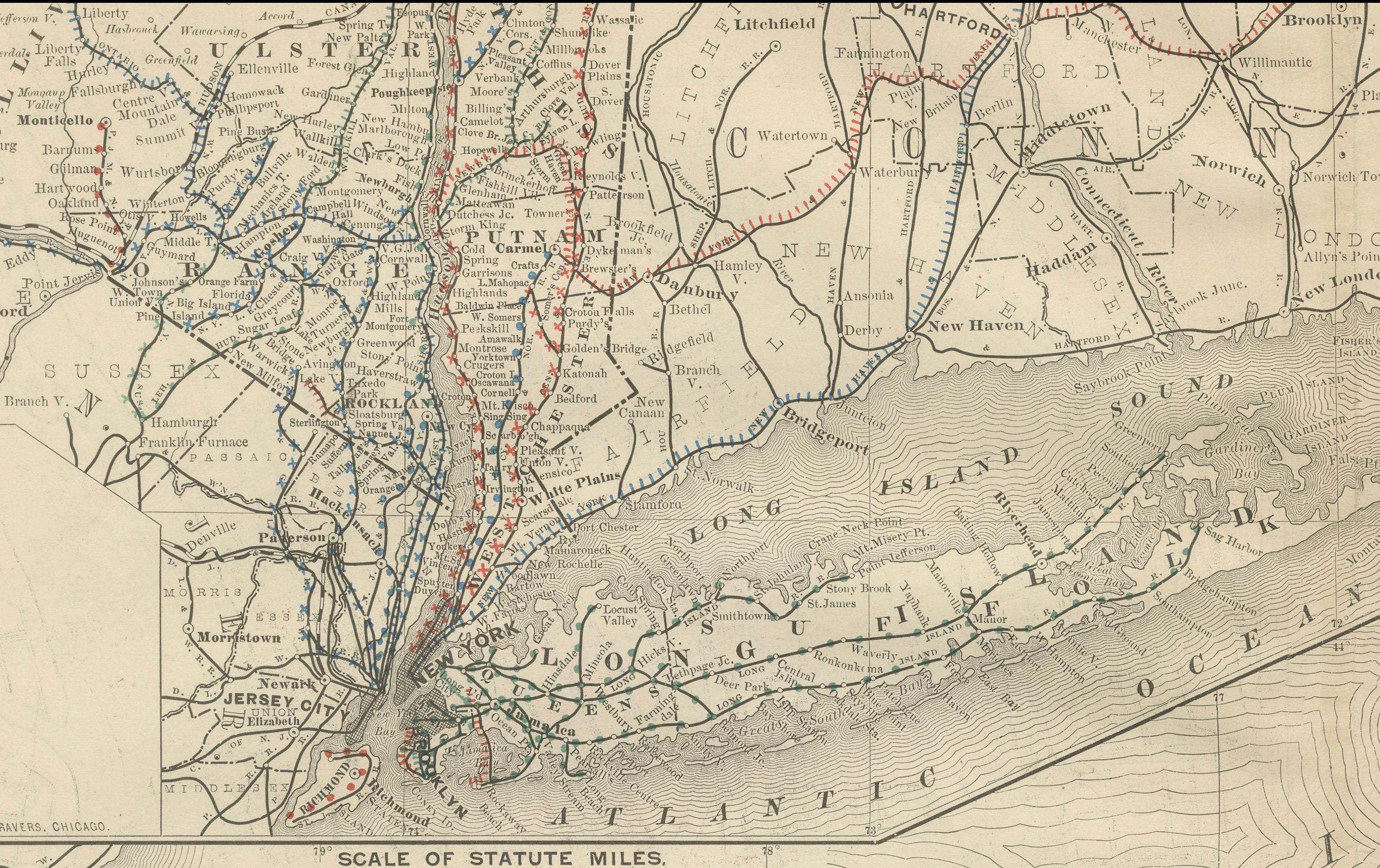 Antike Karte des Staates New York von 1888 - Der Staat Empire, Eisenbahnen & Bezirke (amerikanisch) im Angebot