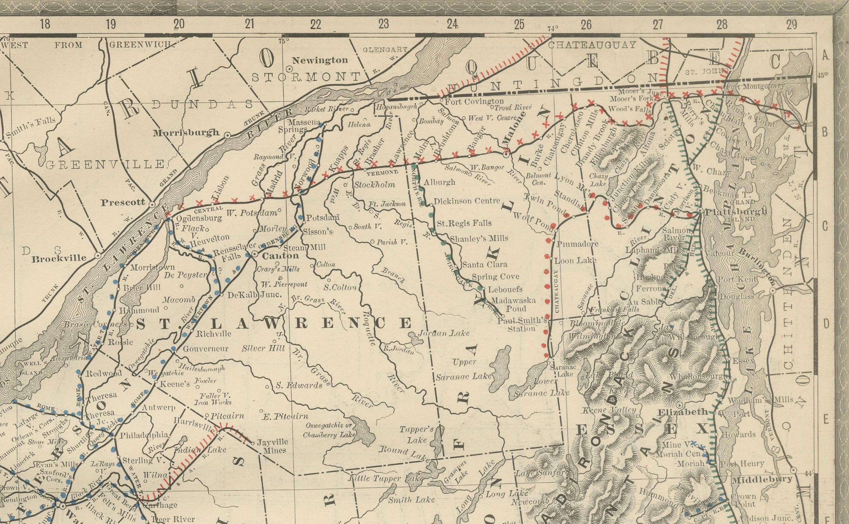 Antike Karte des Staates New York von 1888 - Der Staat Empire, Eisenbahnen & Bezirke (Graviert) im Angebot