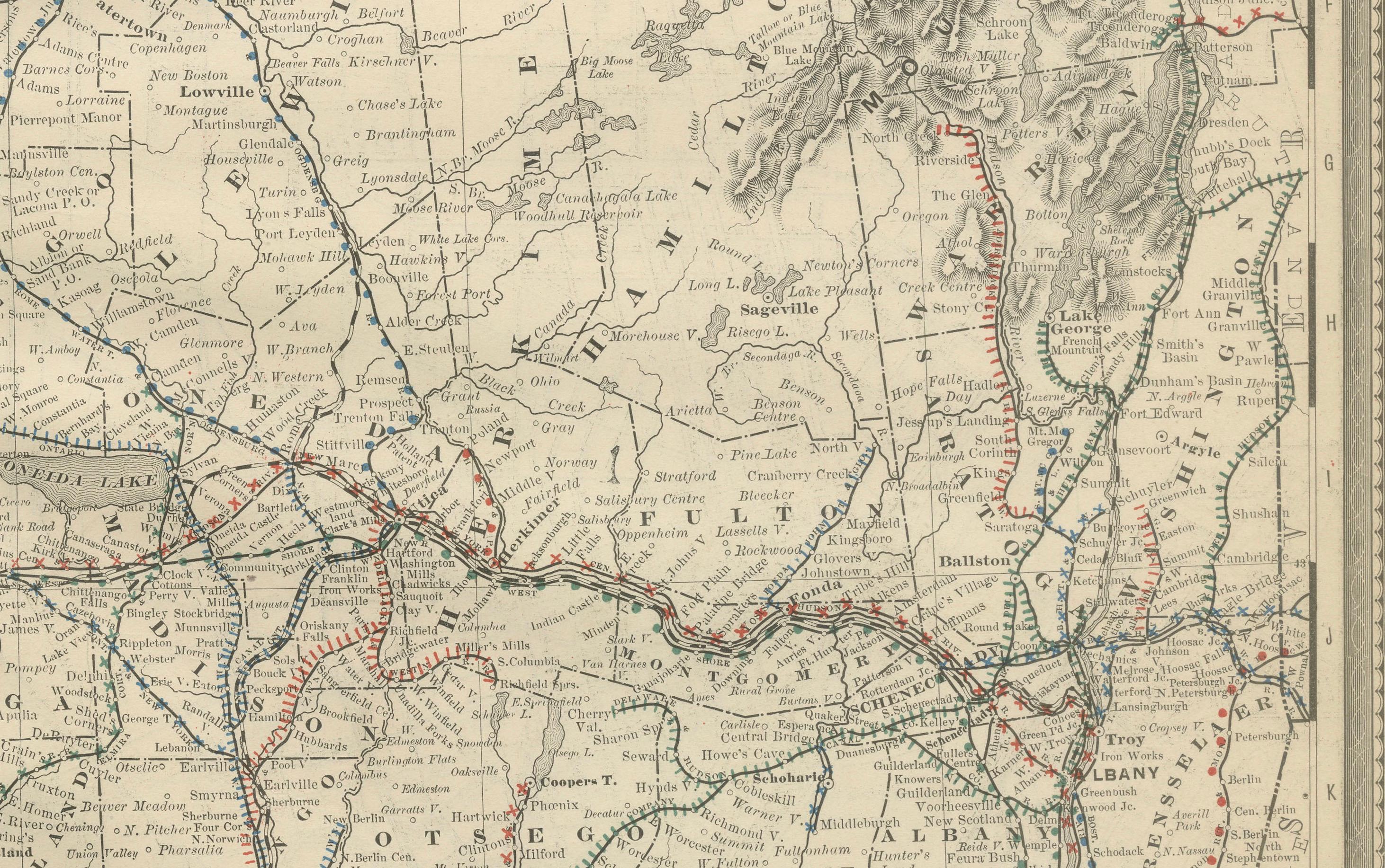 Antike Karte des Staates New York von 1888 - Der Staat Empire, Eisenbahnen & Bezirke im Zustand „Gut“ im Angebot in Langweer, NL