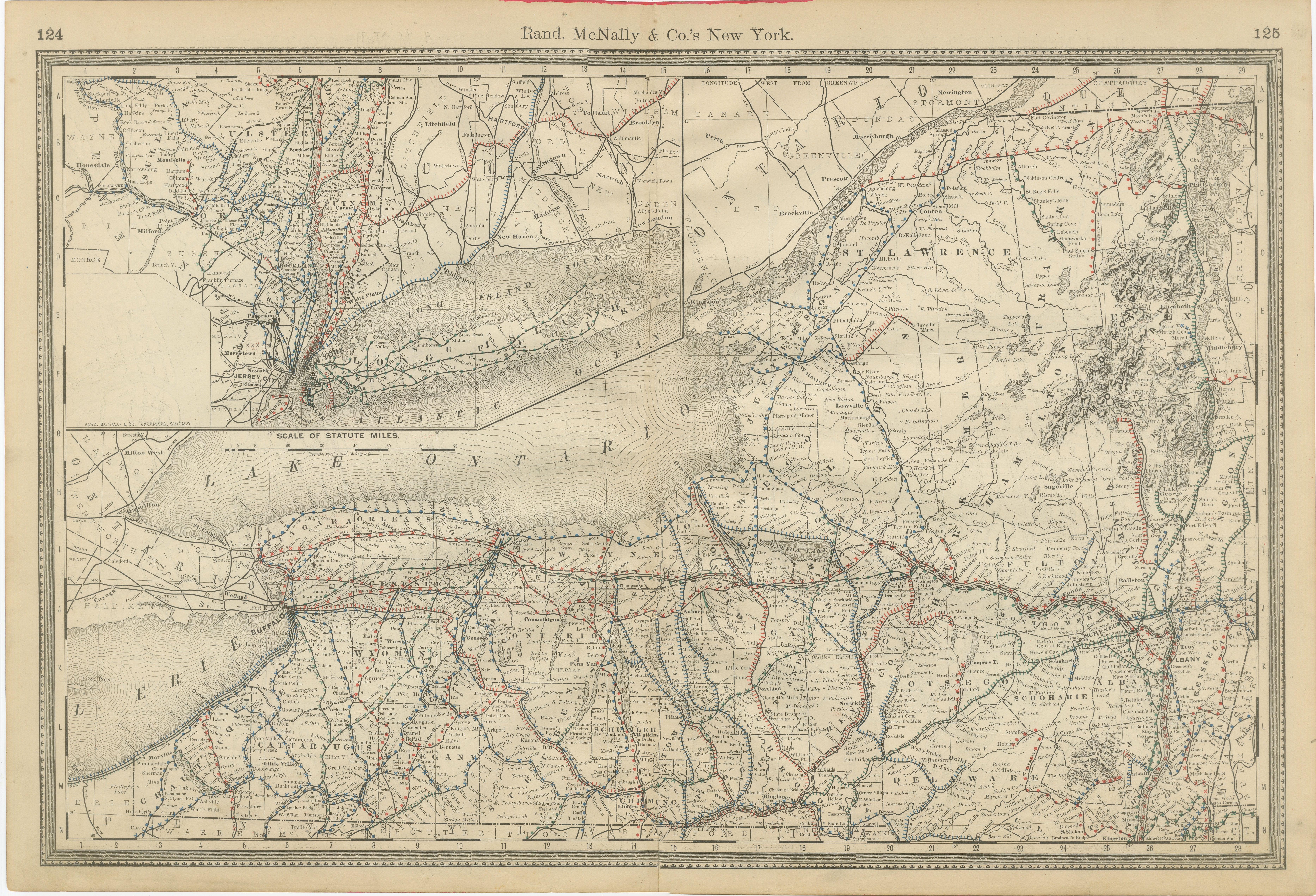 Antike Karte des Staates New York von 1888 - Der Staat Empire, Eisenbahnen & Bezirke