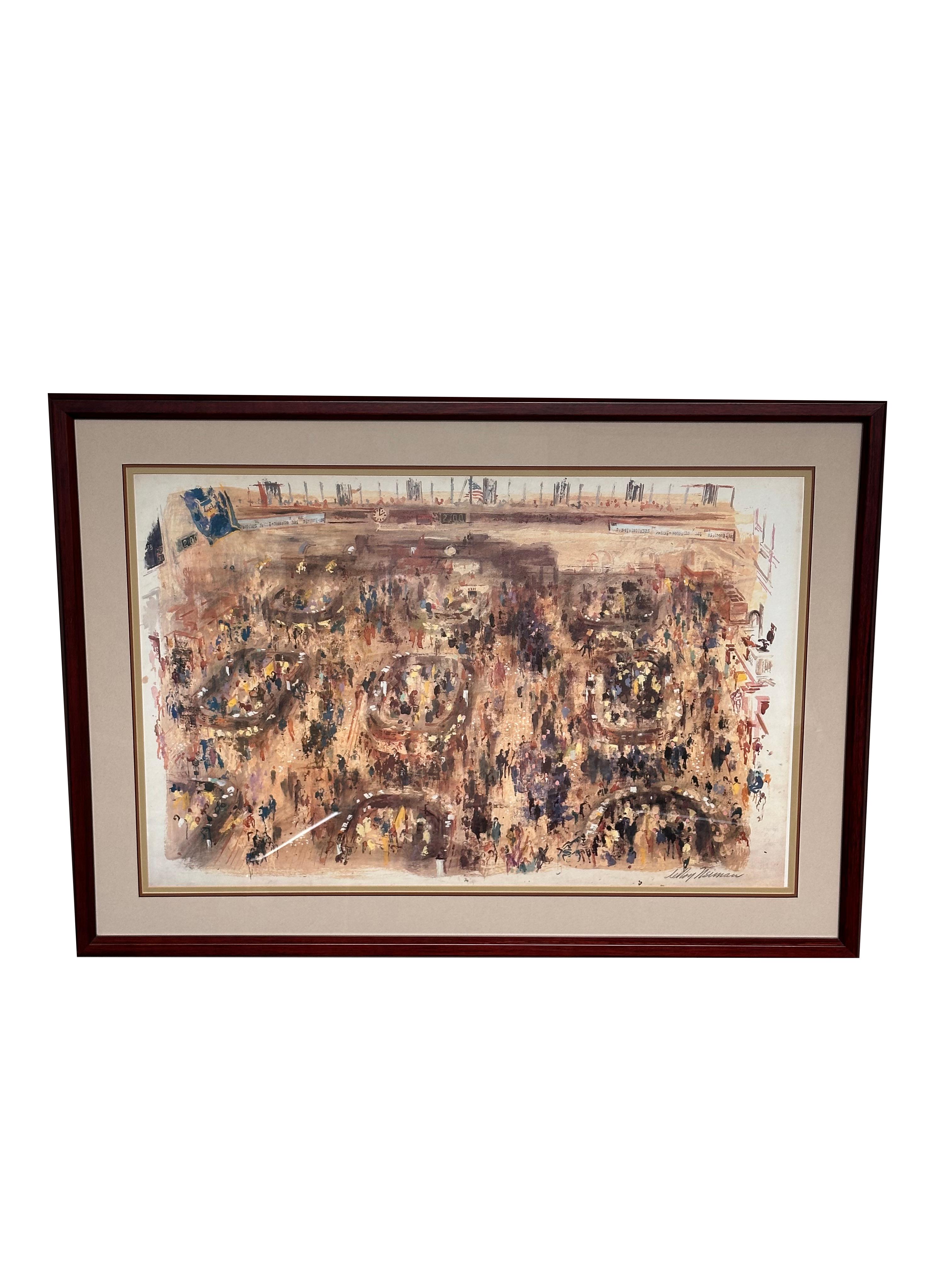 New York Stock Exchange Lithograph by LeRoy Neiman

This is a large scale, hand-signed offset lithograph depicting the floor of the
New York Stock Exchange by American artist LeRoy Neiman (1921-2012). The lithograph features figures at work at the
