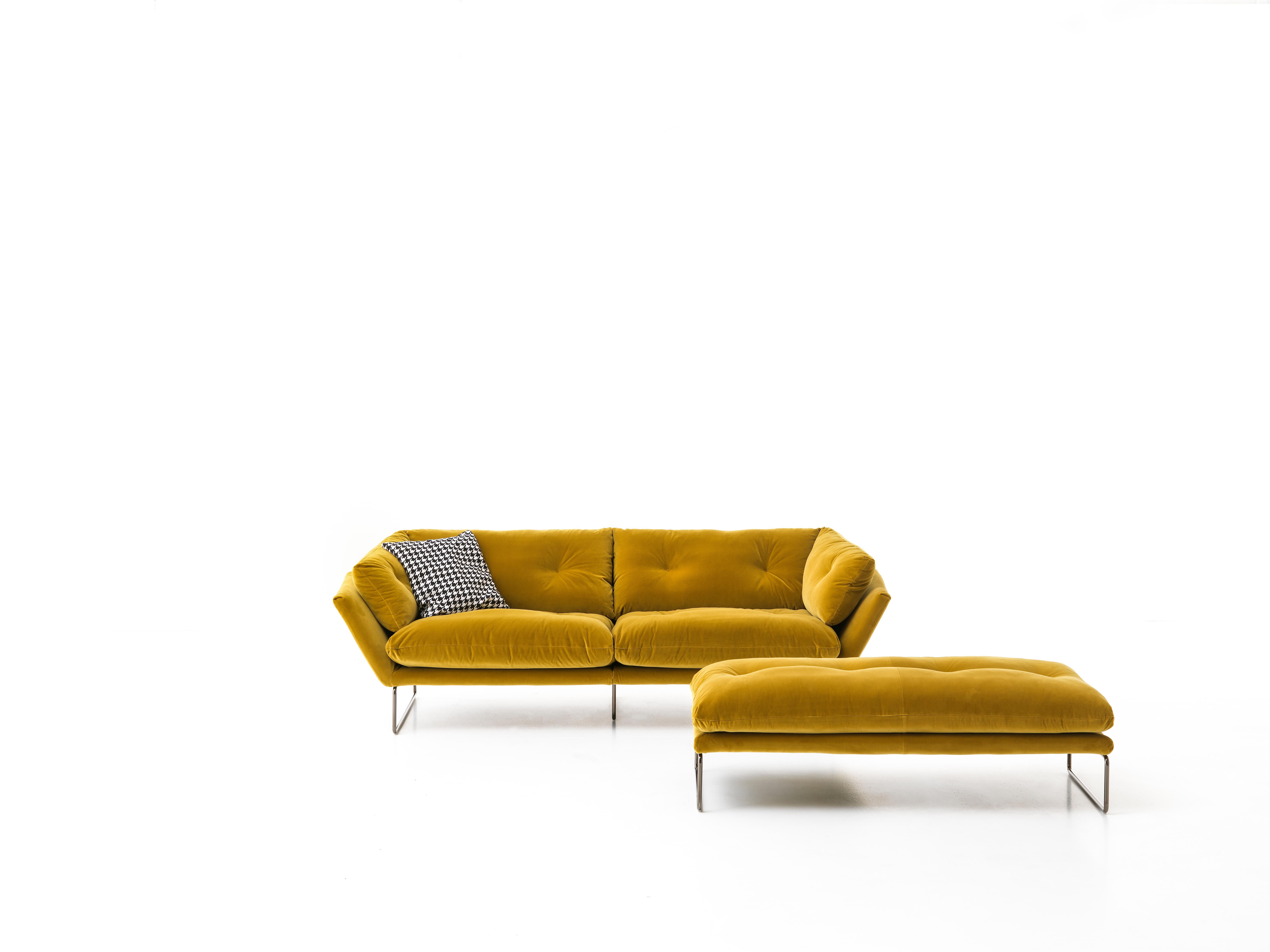 Modern New York Suite Large Sofa in Lario Yellow Upholstery with Glossy Chrome Legs