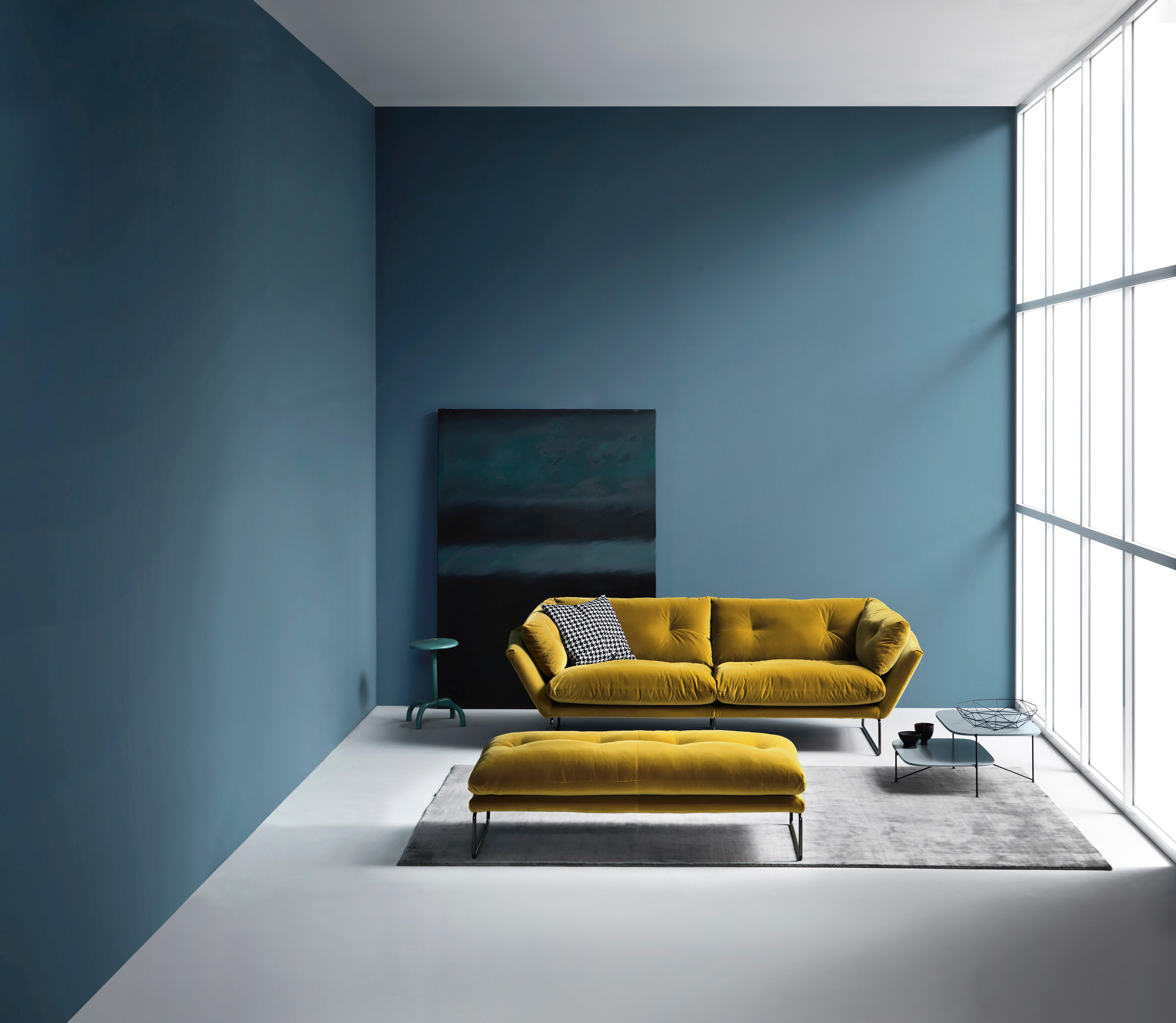 Italian New York Suite Large Sofa in Lario Yellow Upholstery with Glossy Chrome Legs