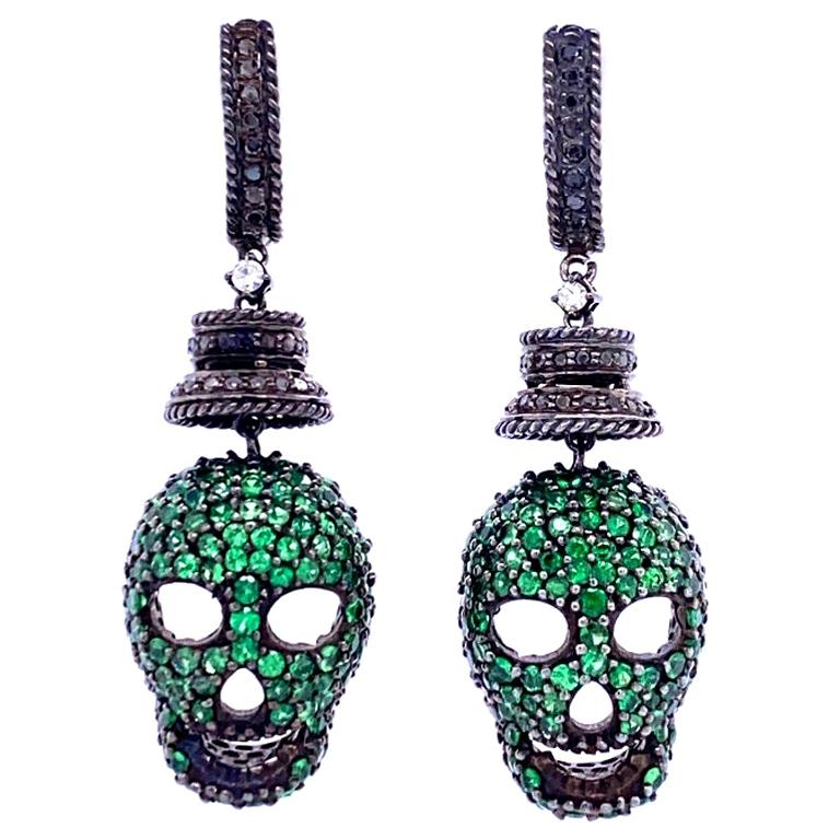 Lucea New York Tsavorite Garnet and Black Diamond Drop Skull Earrings For Sale