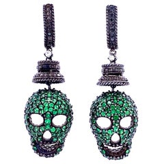 Lucea New York Tsavorite Garnet and Black Diamond Drop Skull Earrings