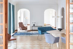 New York Velvet Blue Upholstered Armrest Bench with Chrome Legs, Sergio Bicego