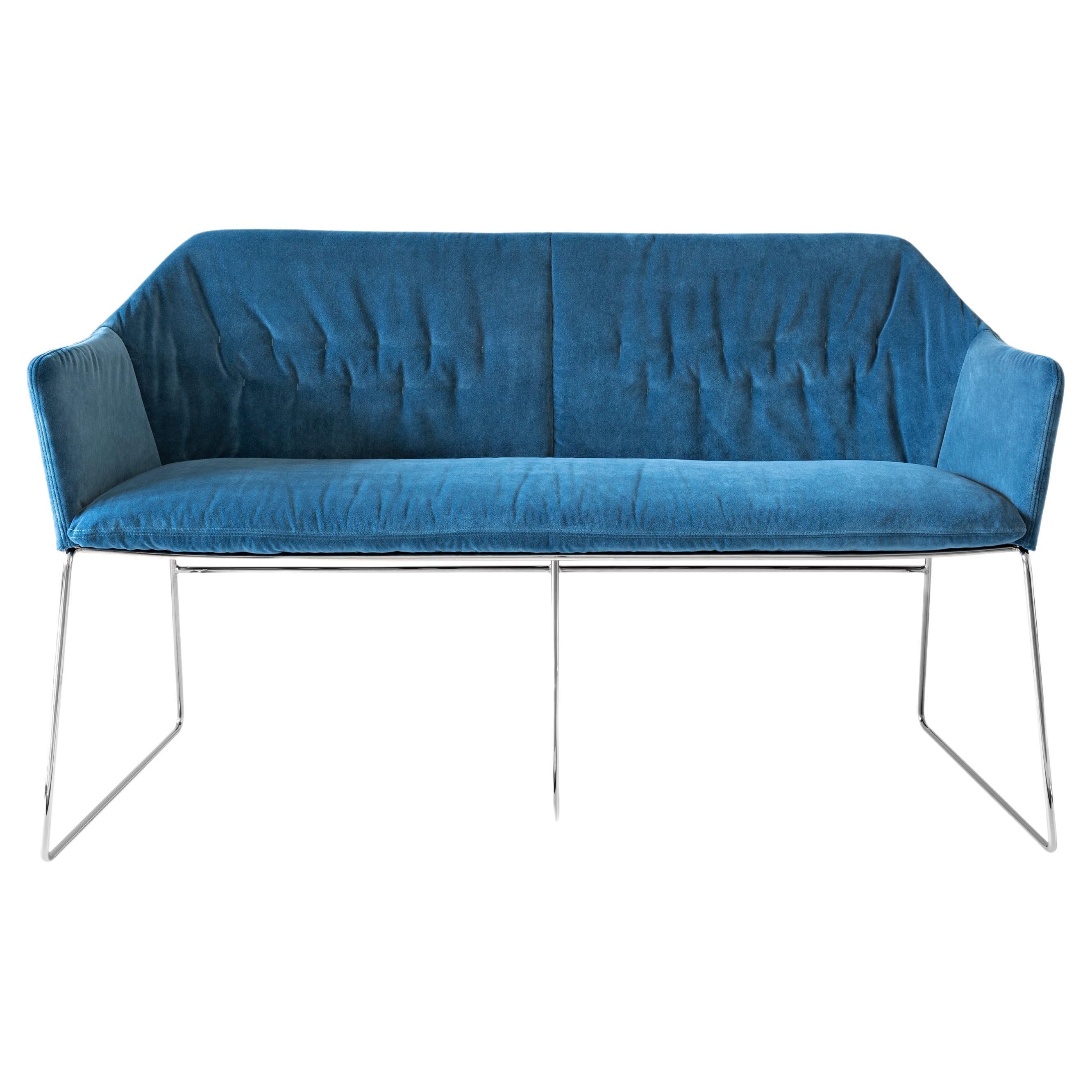 New York Velvet Blue Upholstered Armrest Bench with Chrome Legs, Sergio Bicego For Sale