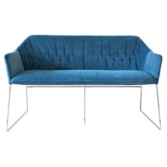 New York Velvet Blue Upholstered Armrest Bench with Chrome Legs, Sergio Bicego