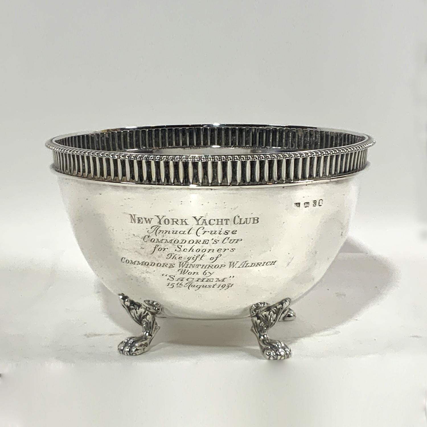 Rare 1931 New York Yacht Club trophy.
Engraved: 
New York Yacht Club
Annual Cruise
Commodores Cup For Schooners
The gift of Winthrop W. Aldrich won by Sachem 15th August 1931. Pierced with four hallmarks.