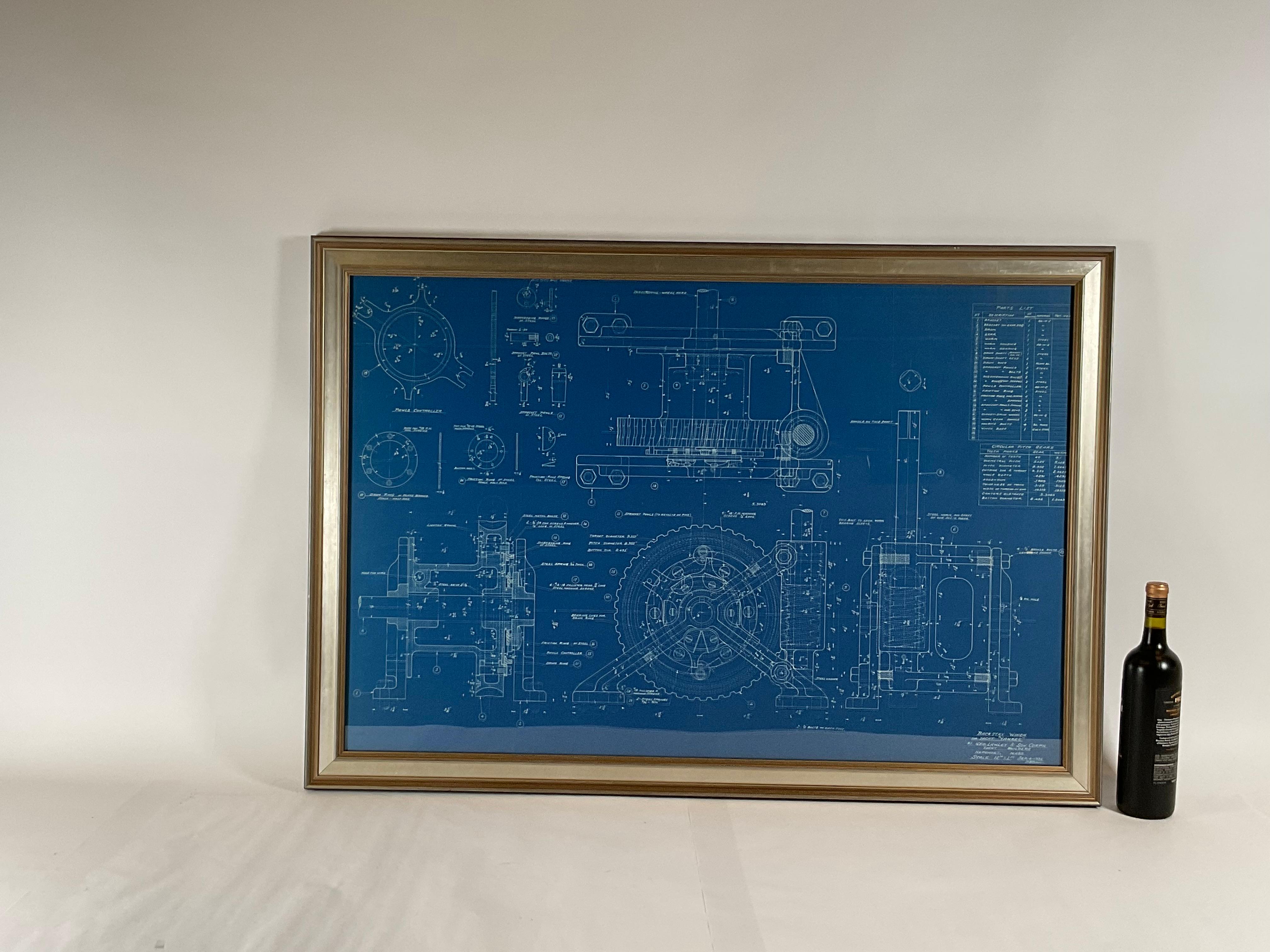 Here we have an Americas cup yacht Yankee blueprint, a piece of yachting history here. Original blueprint from George Lawley and Sons, yacht builders showing the backstay winch. Drawn full size, the scale is called twelve inches equals one foot. The