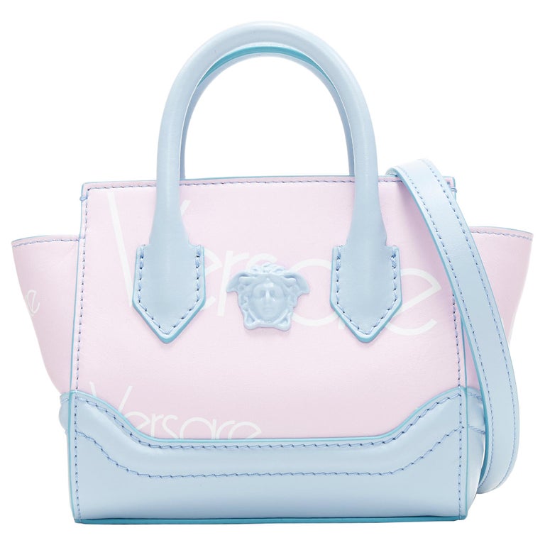 new YOUNG VERSACE Micro Palazzo Empire light pink blue logo print shoulder  bag at 1stDibs