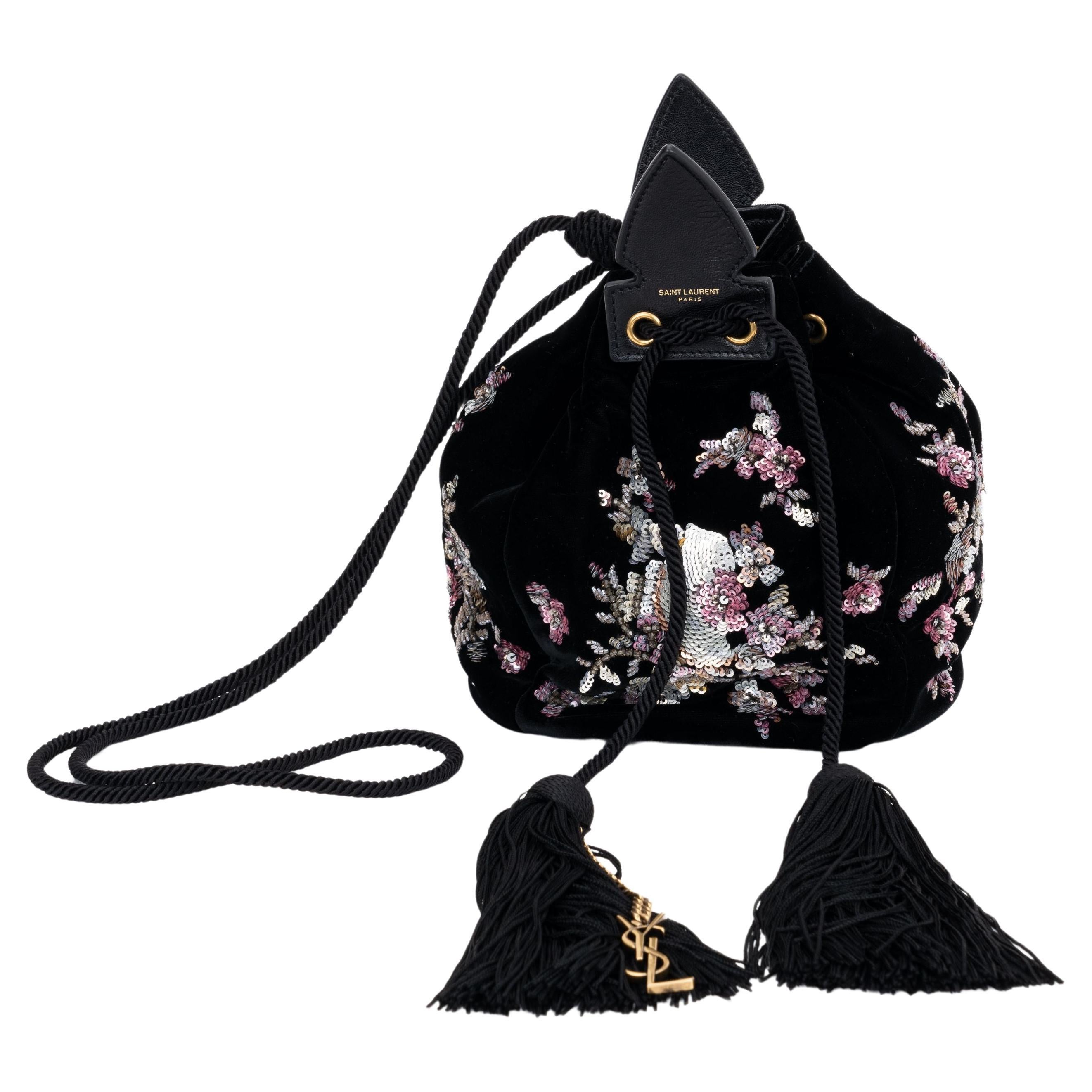 New Ysl Black Embroidered Bucket Bag For Sale
