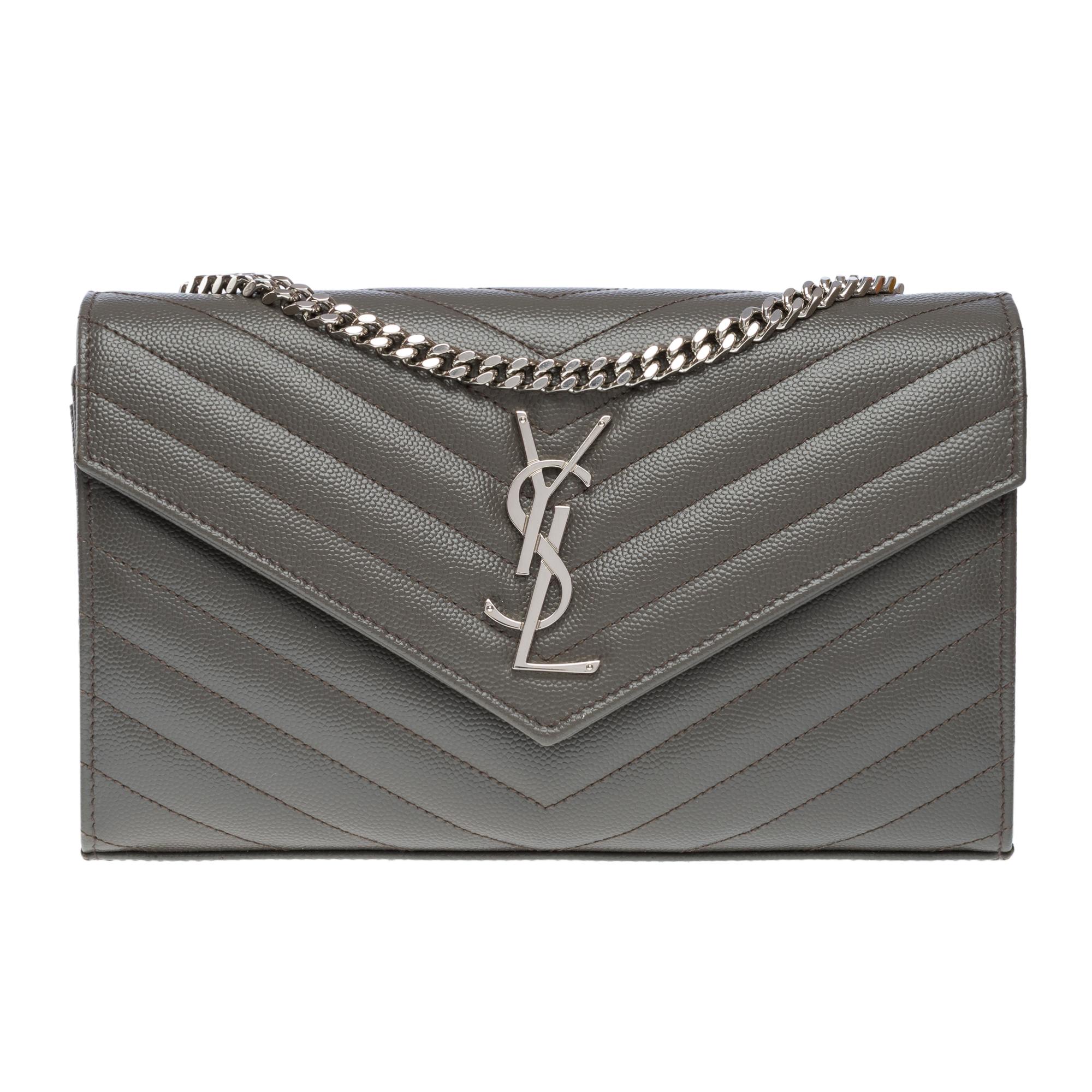 Women's New YSL Pochette Cassandre classic shoulder bag in Grey leather, SHW For Sale