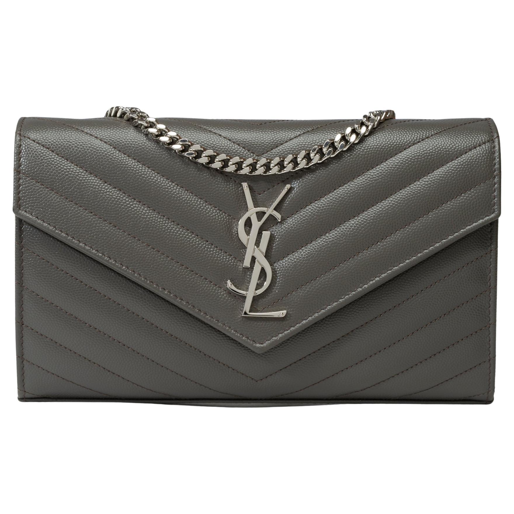 New YSL Pochette Cassandre classic shoulder bag in Grey leather, SHW For Sale