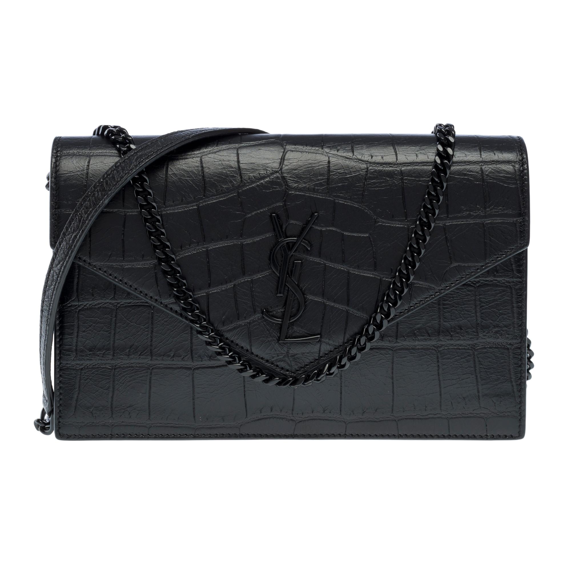 New YSL Wallet Enveloppe in black leather printed crocodile , BHW In New Condition For Sale In Paris, IDF