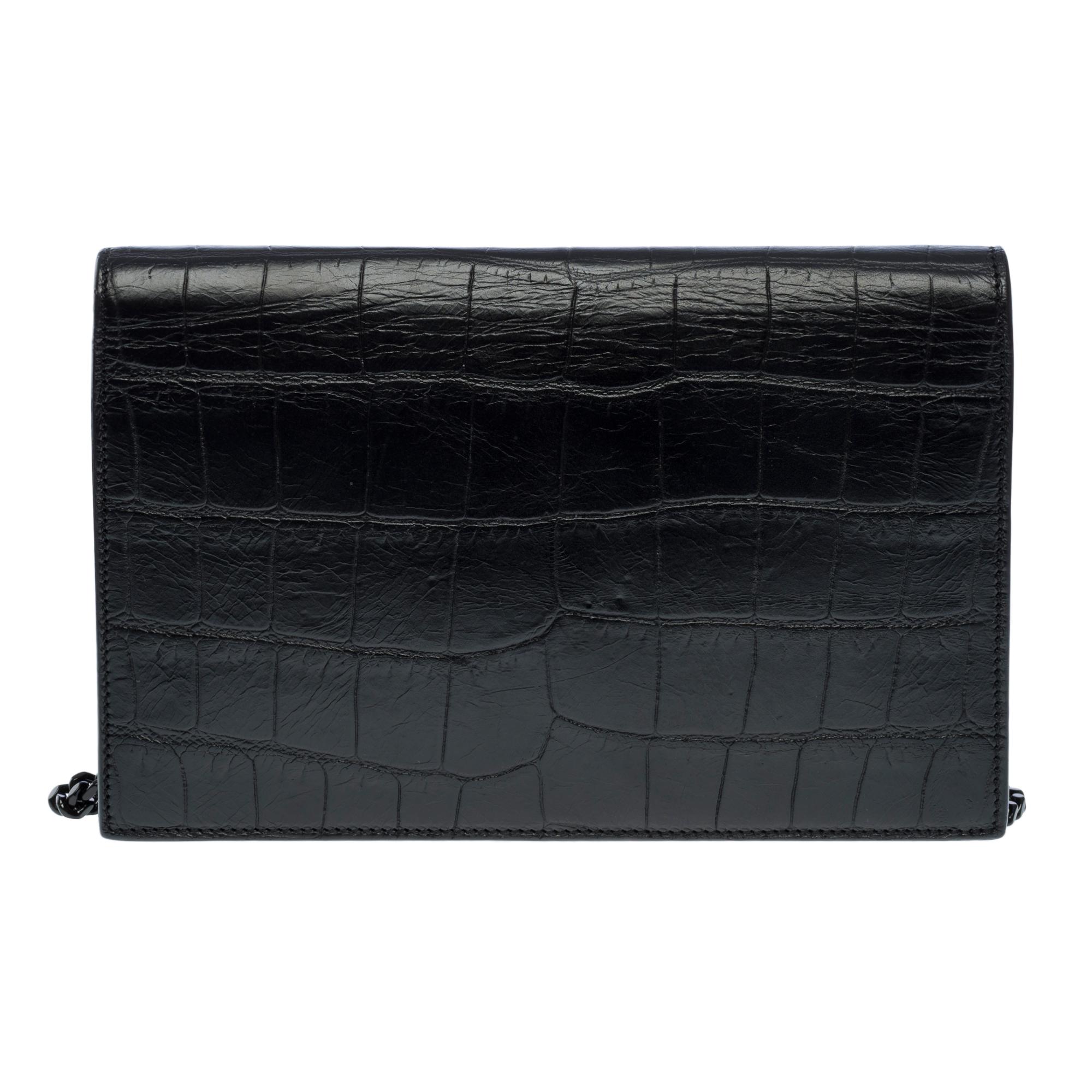 Women's New YSL Wallet Enveloppe in black leather printed crocodile , BHW For Sale