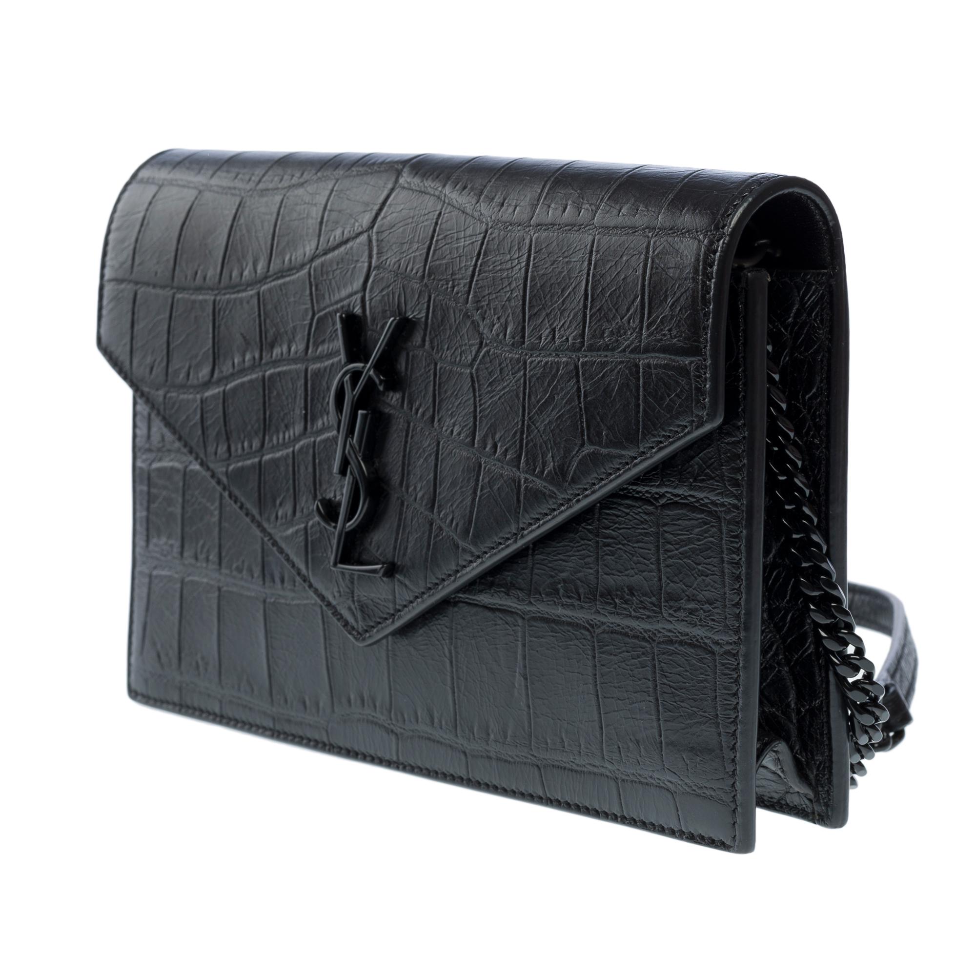 New YSL Wallet Enveloppe in black leather printed crocodile , BHW For Sale 1