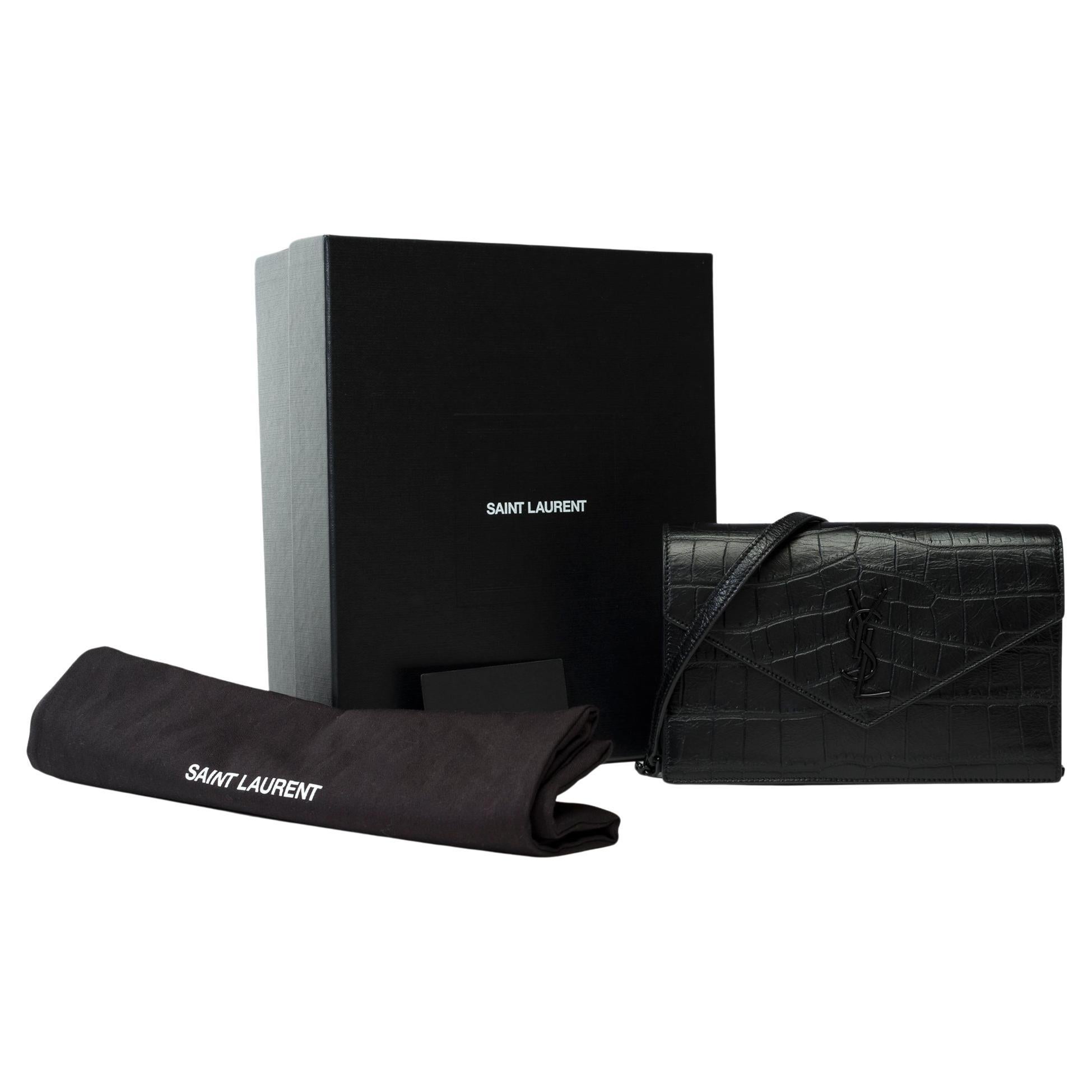New YSL Wallet Enveloppe in black leather printed crocodile , BHW For Sale