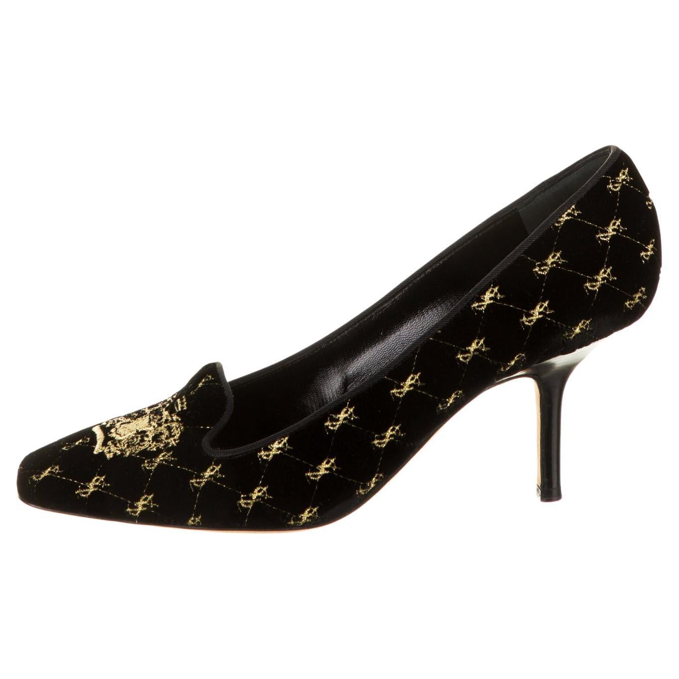 New Yves Saint Laurent Black Velvet Gold Crest Embroidery Shoes Pumps 39.5 - 9.5 For Sale
