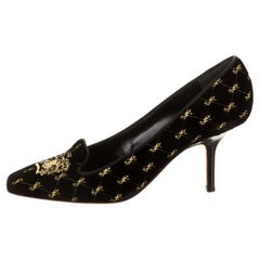 Used New Yves Saint Laurent Black Velvet Gold Crest Embroidery Shoes Pumps 39.5 - 9.5
