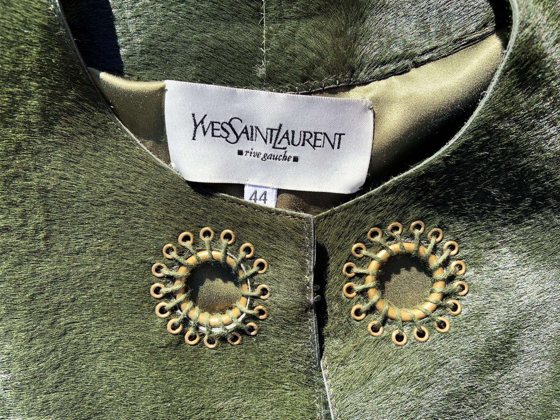 New Yves Saint Laurent Calf Hair Green Leather Jacket with Belt French size 44 For Sale 1