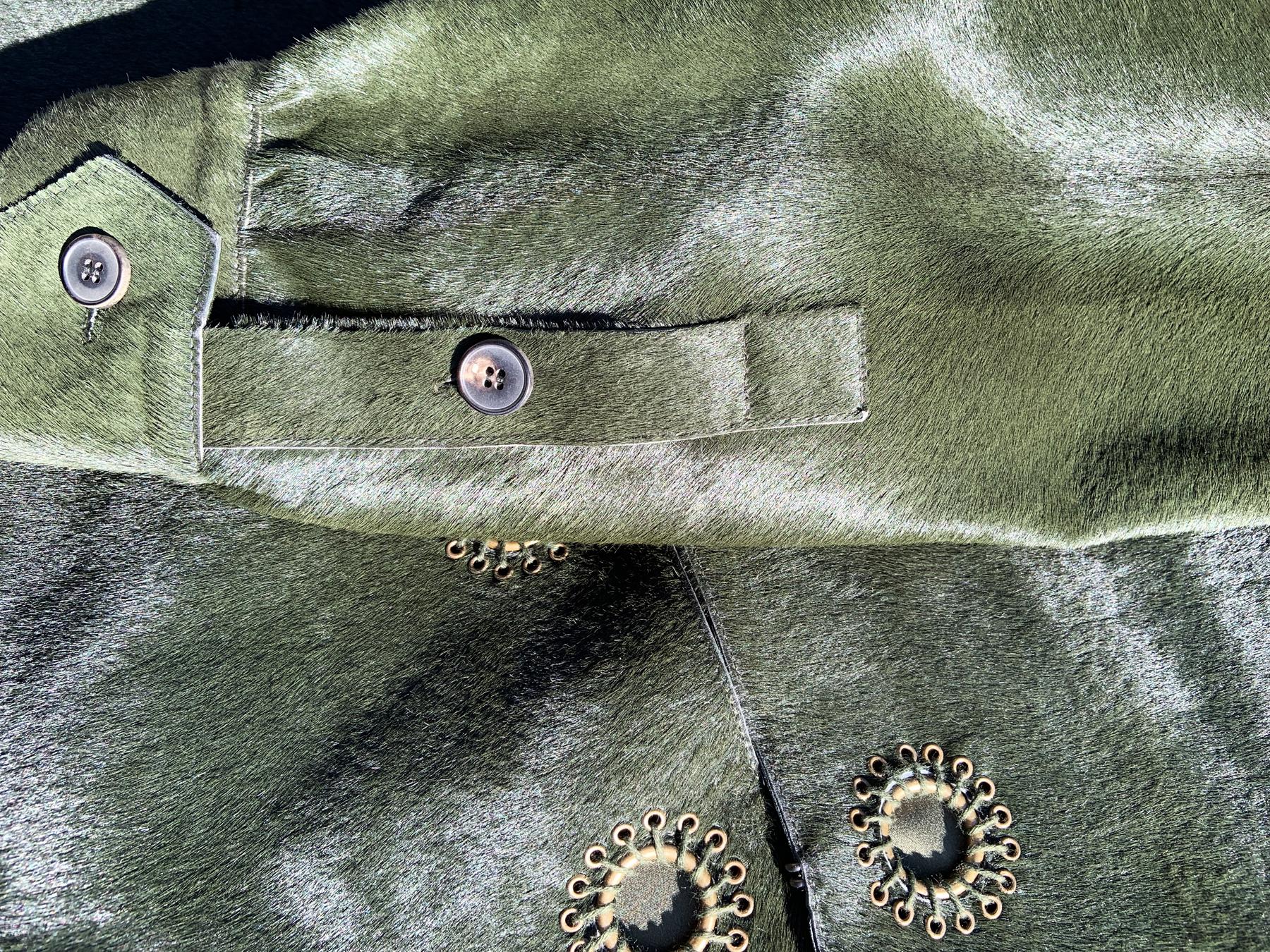 New Yves Saint Laurent Calf Hair Green Leather Jacket with Belt French size 44 For Sale 3