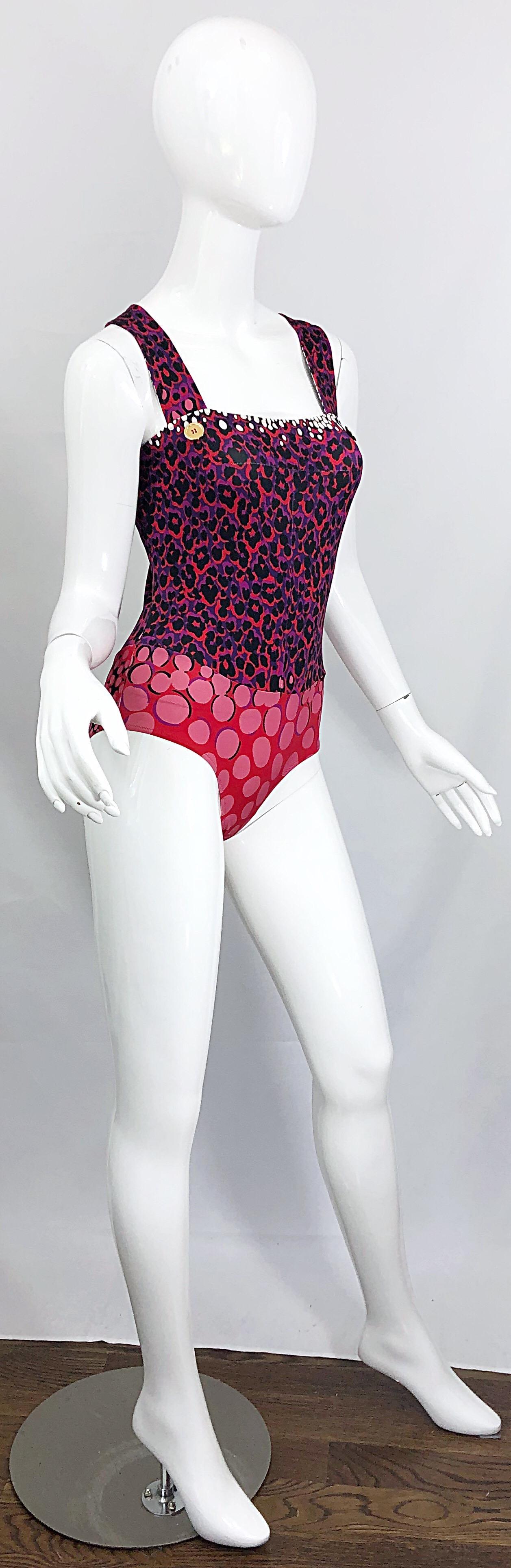 New Yves Saint Laurent Leopard Polka Dot Purple Red One Piece Swimsuit Bodysuit For Sale 2