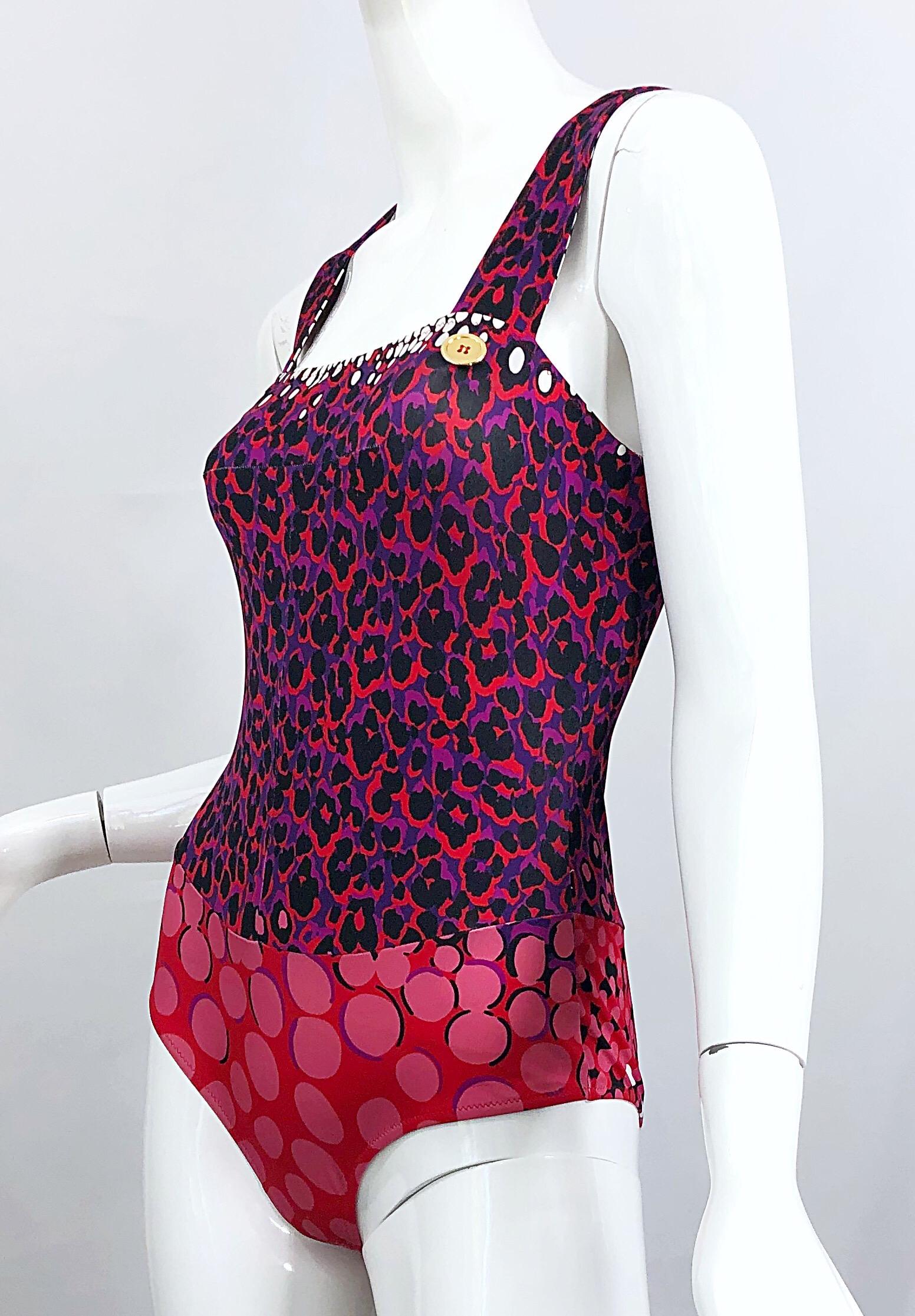 New Yves Saint Laurent Leopard Polka Dot Purple Red One Piece Swimsuit Bodysuit For Sale 3