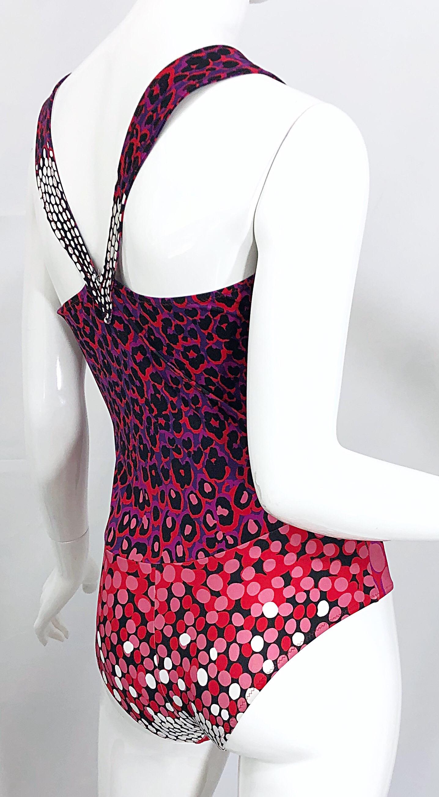 New Yves Saint Laurent Leopard Polka Dot Purple Red One Piece Swimsuit Bodysuit For Sale 4