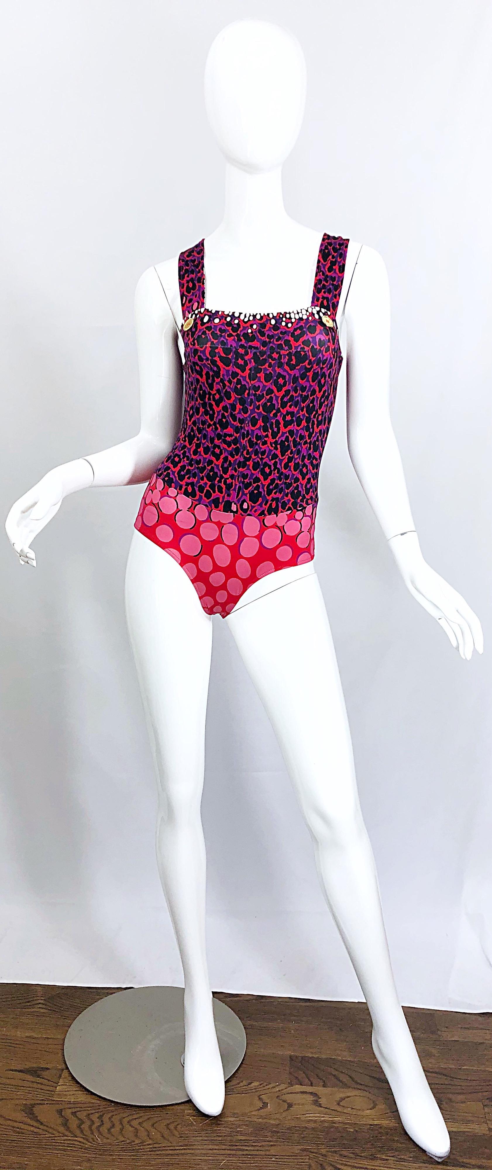 New Yves Saint Laurent Leopard Polka Dot Purple Red One Piece Swimsuit Bodysuit For Sale 5