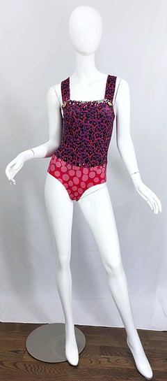 New Yves Saint Laurent Leopard Polka Dot Purple Red One Piece Swimsuit Bodysuit