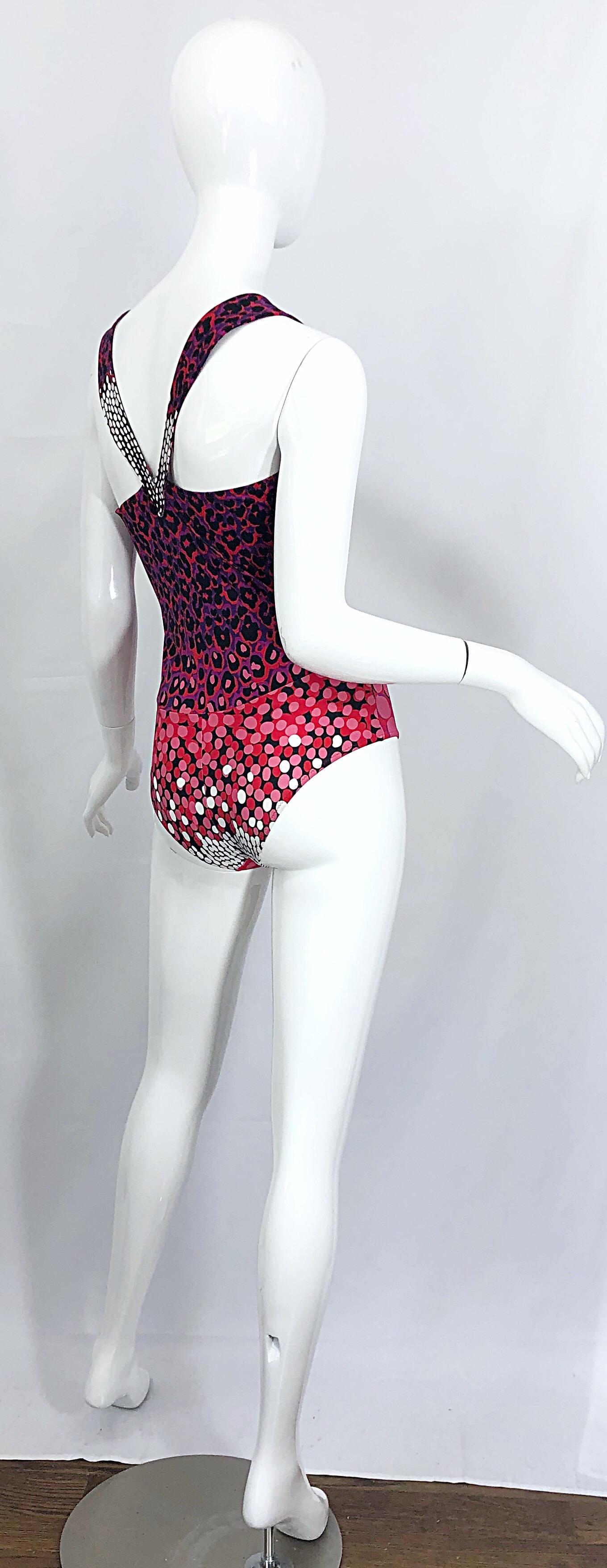 Pink New Yves Saint Laurent Leopard Polka Dot Purple Red One Piece Swimsuit Bodysuit For Sale