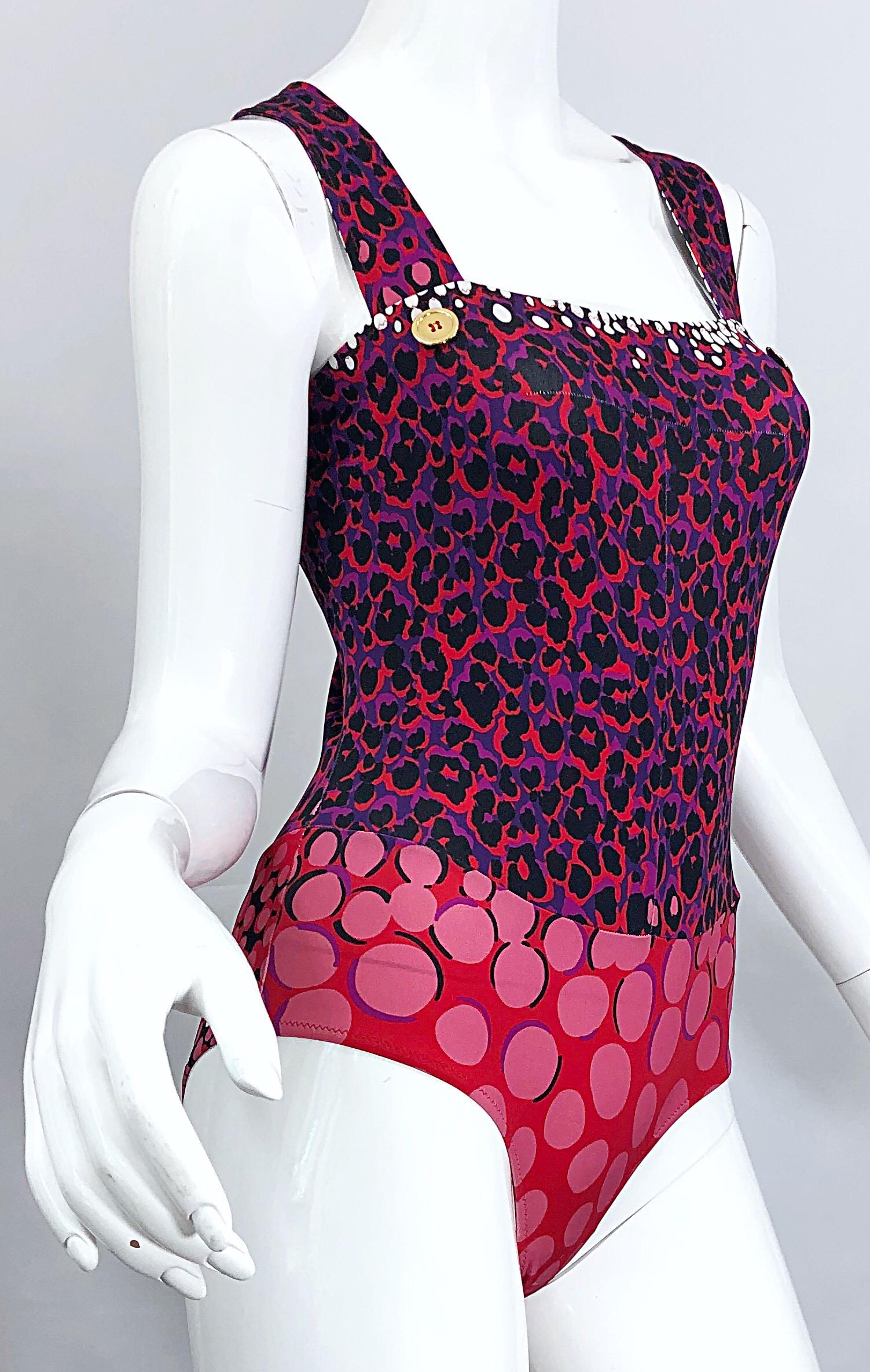 New Yves Saint Laurent Leopard Polka Dot Purple Red One Piece Swimsuit Bodysuit In New Condition For Sale In San Diego, CA